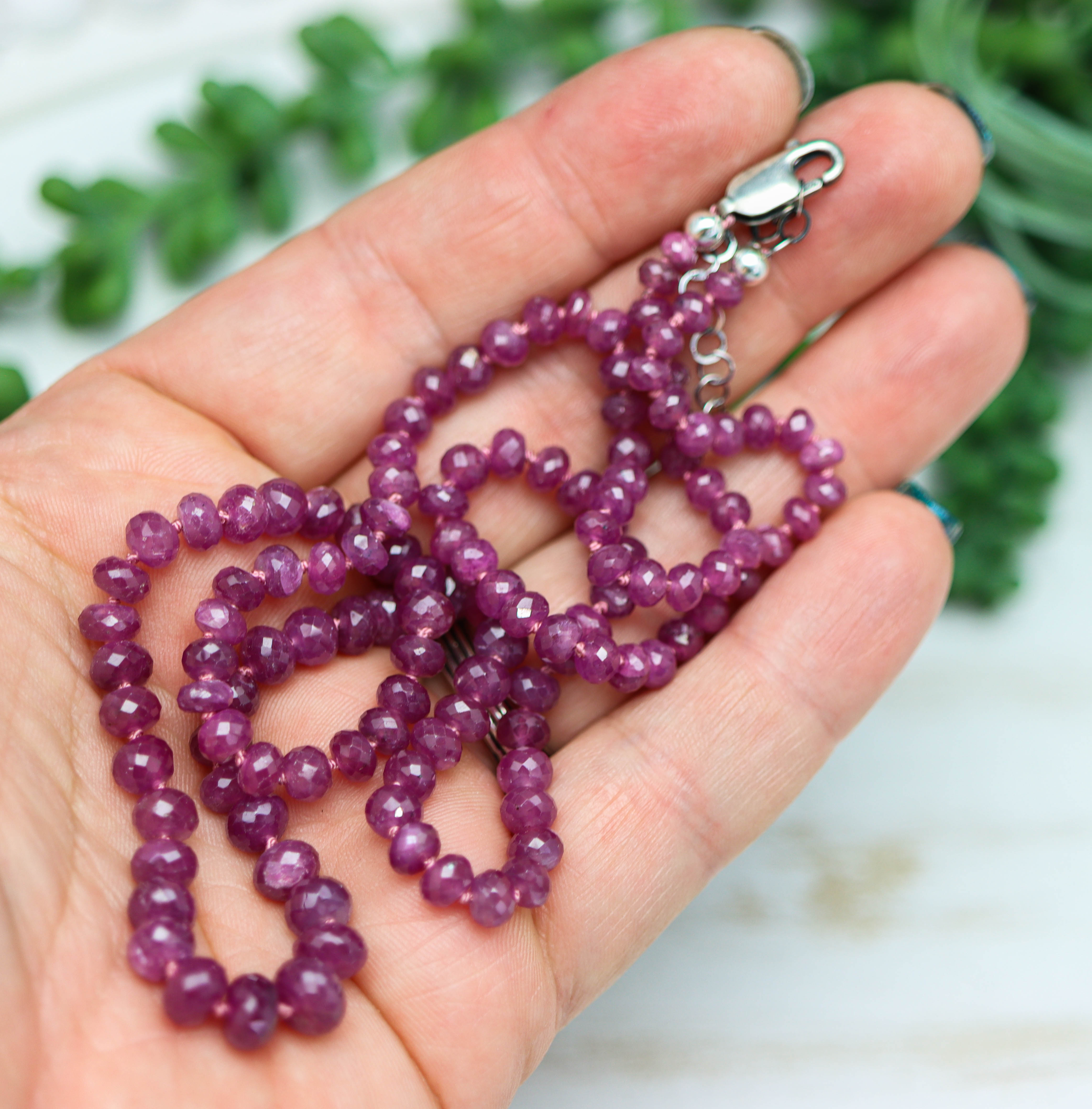 Ruby Hand Knotted Bead Necklace Sterling Silver