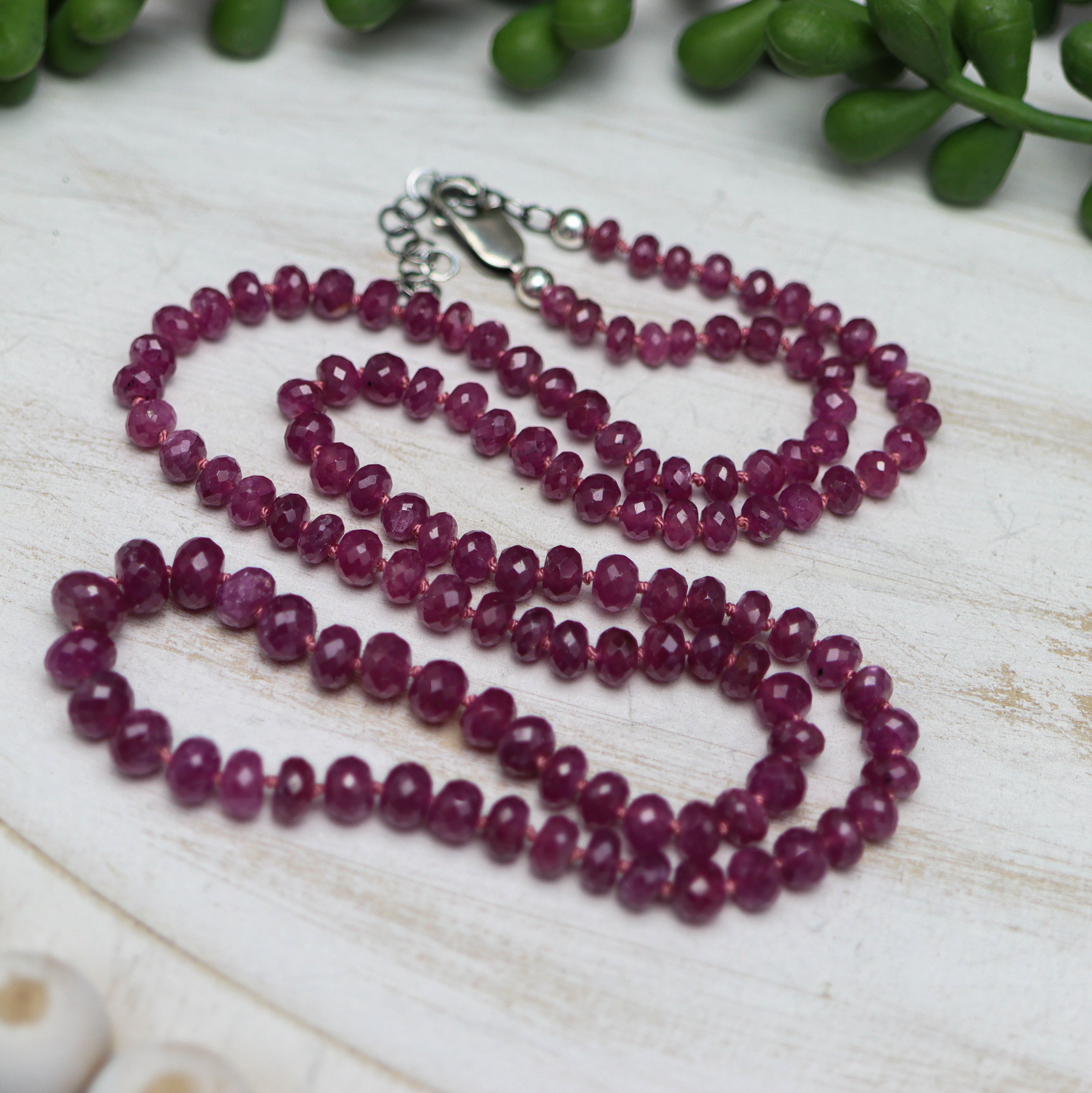 Ruby Hand Knotted Bead Necklace Sterling Silver