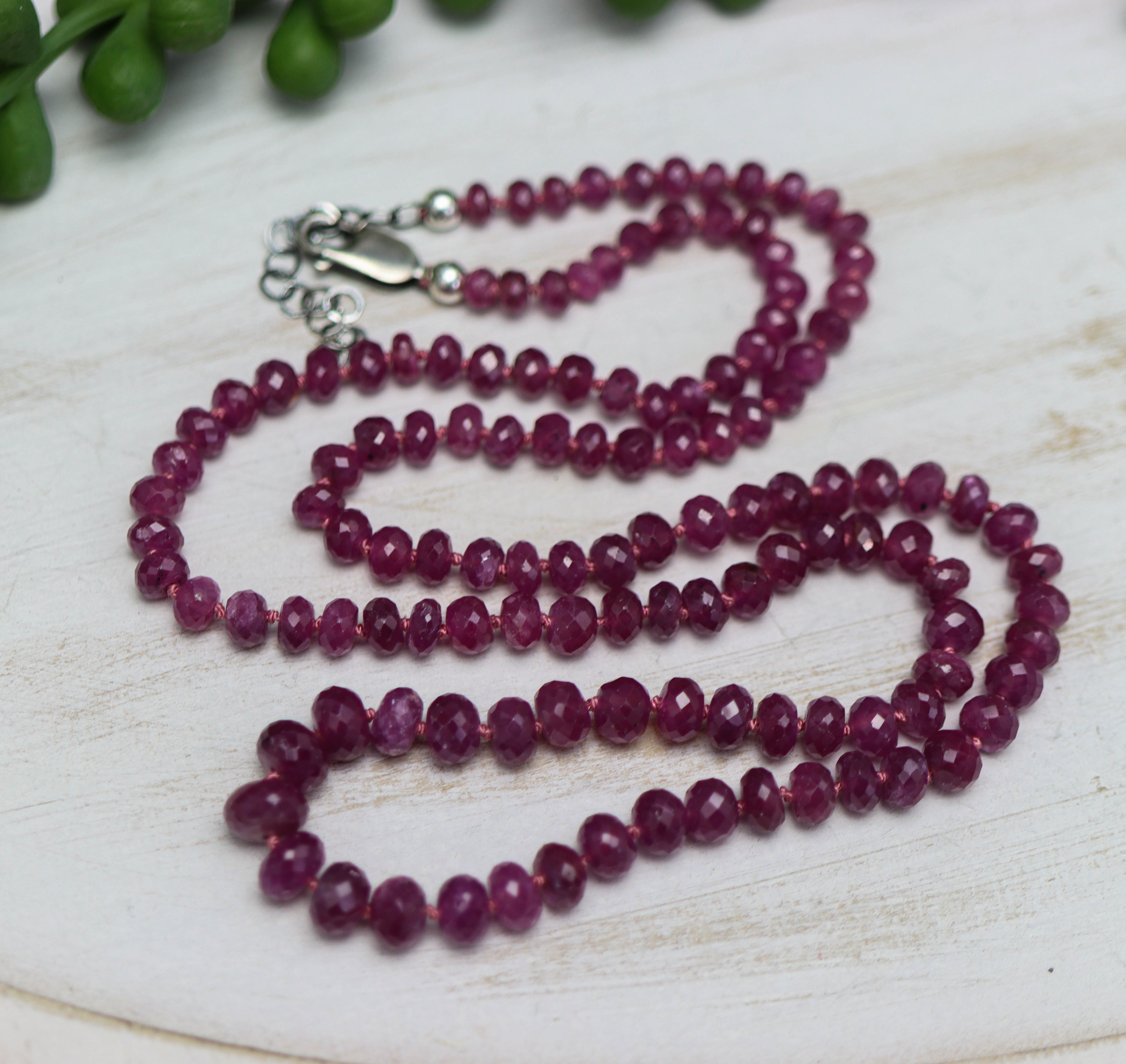 Ruby Hand Knotted Bead Necklace Sterling Silver