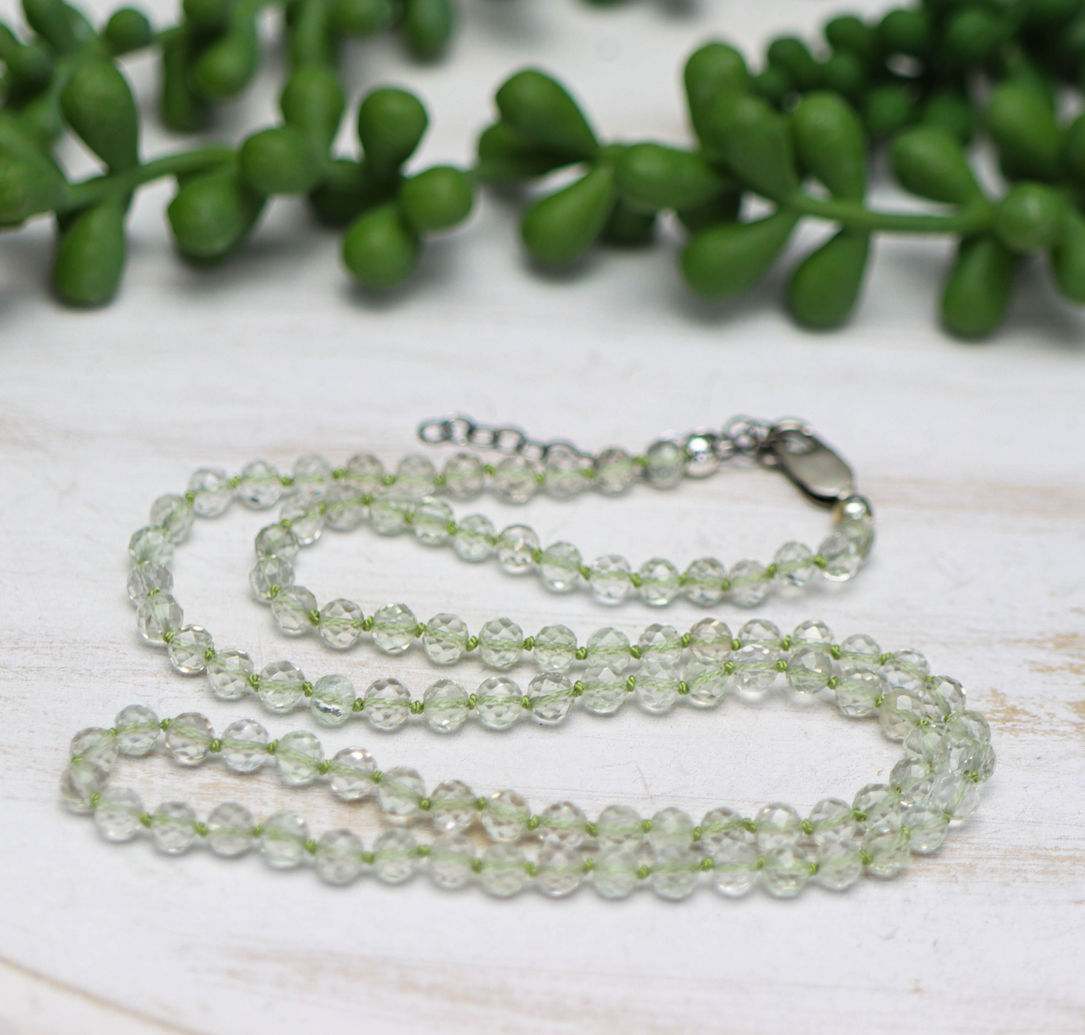 Green Amethyst Hand Knotted Bead Necklace Sterling Silver