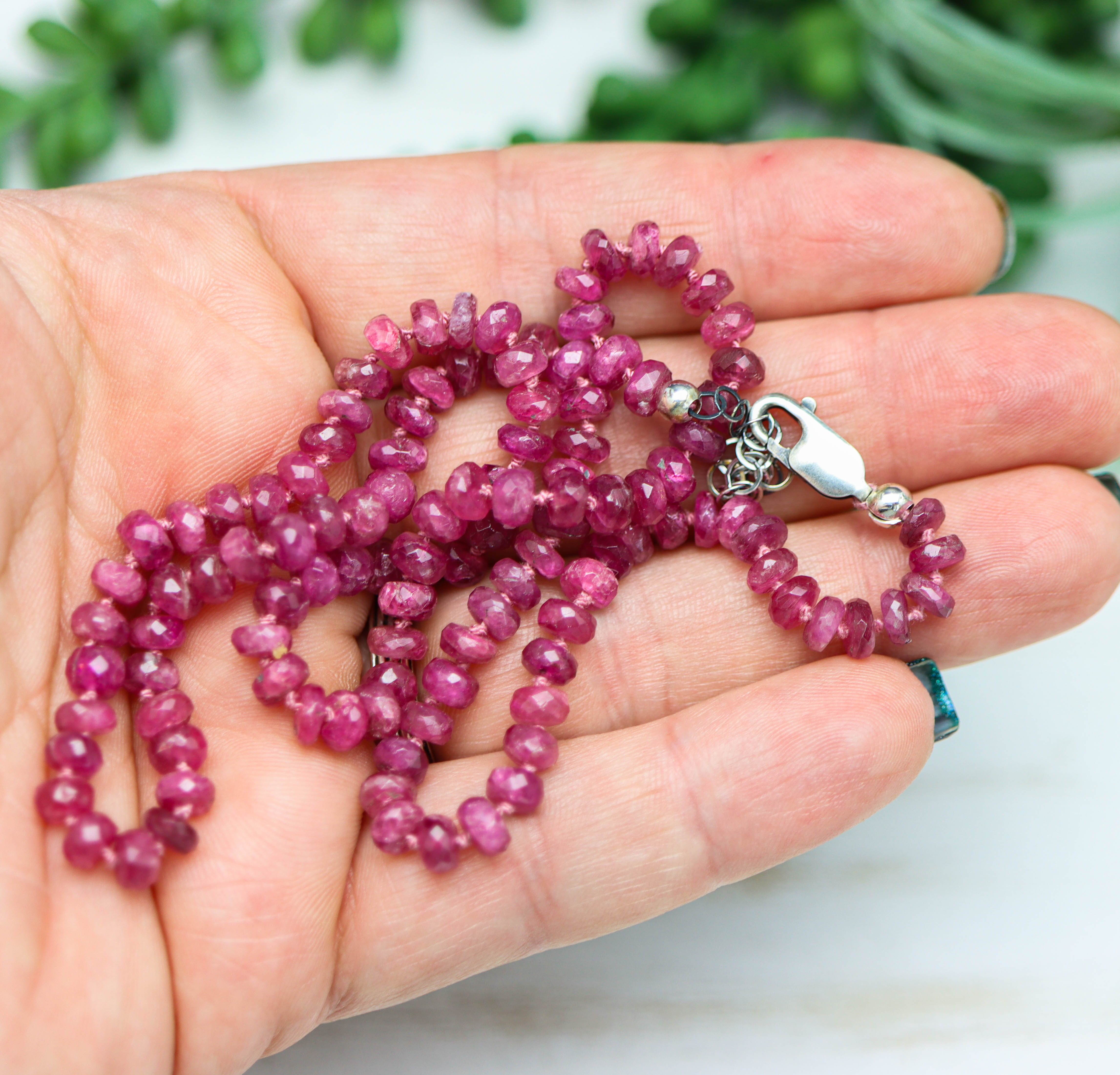 Pink Tourmaline Hand Knotted Bead Necklace Sterling Silver