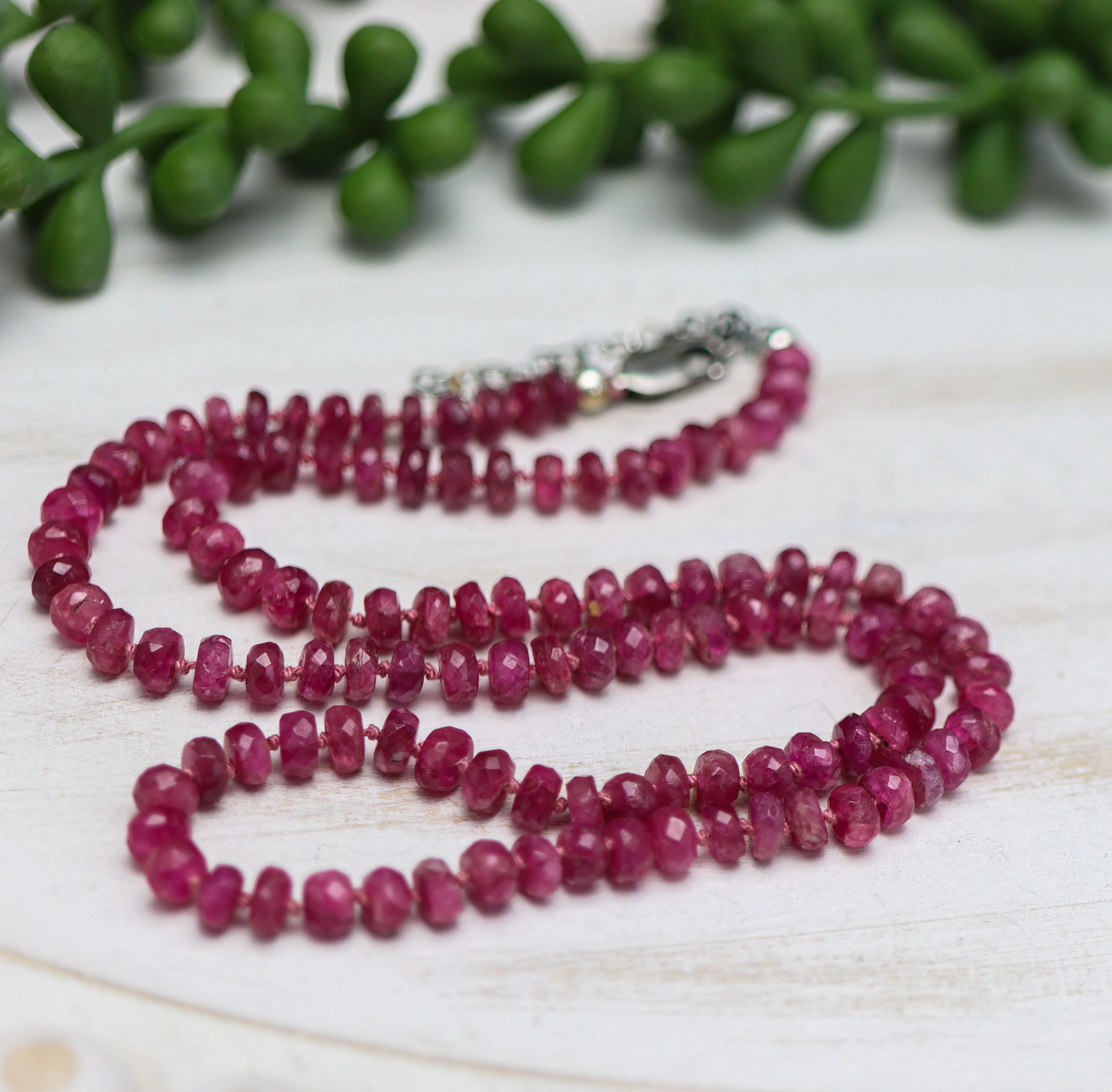 Pink Tourmaline Hand Knotted Bead Necklace Sterling Silver