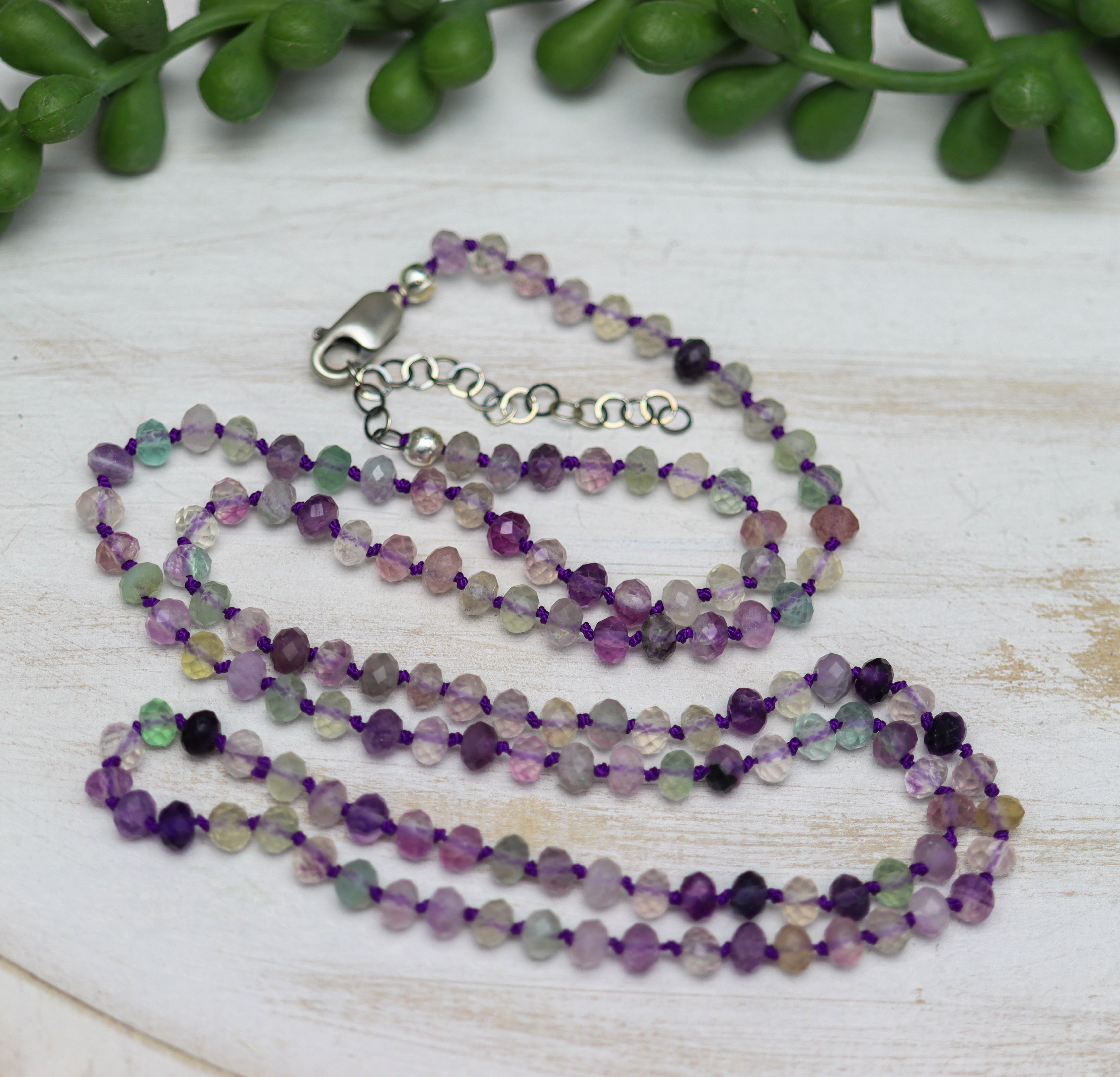 Rainbow Fluorite Hand Knotted Bead Necklace Sterling Silver