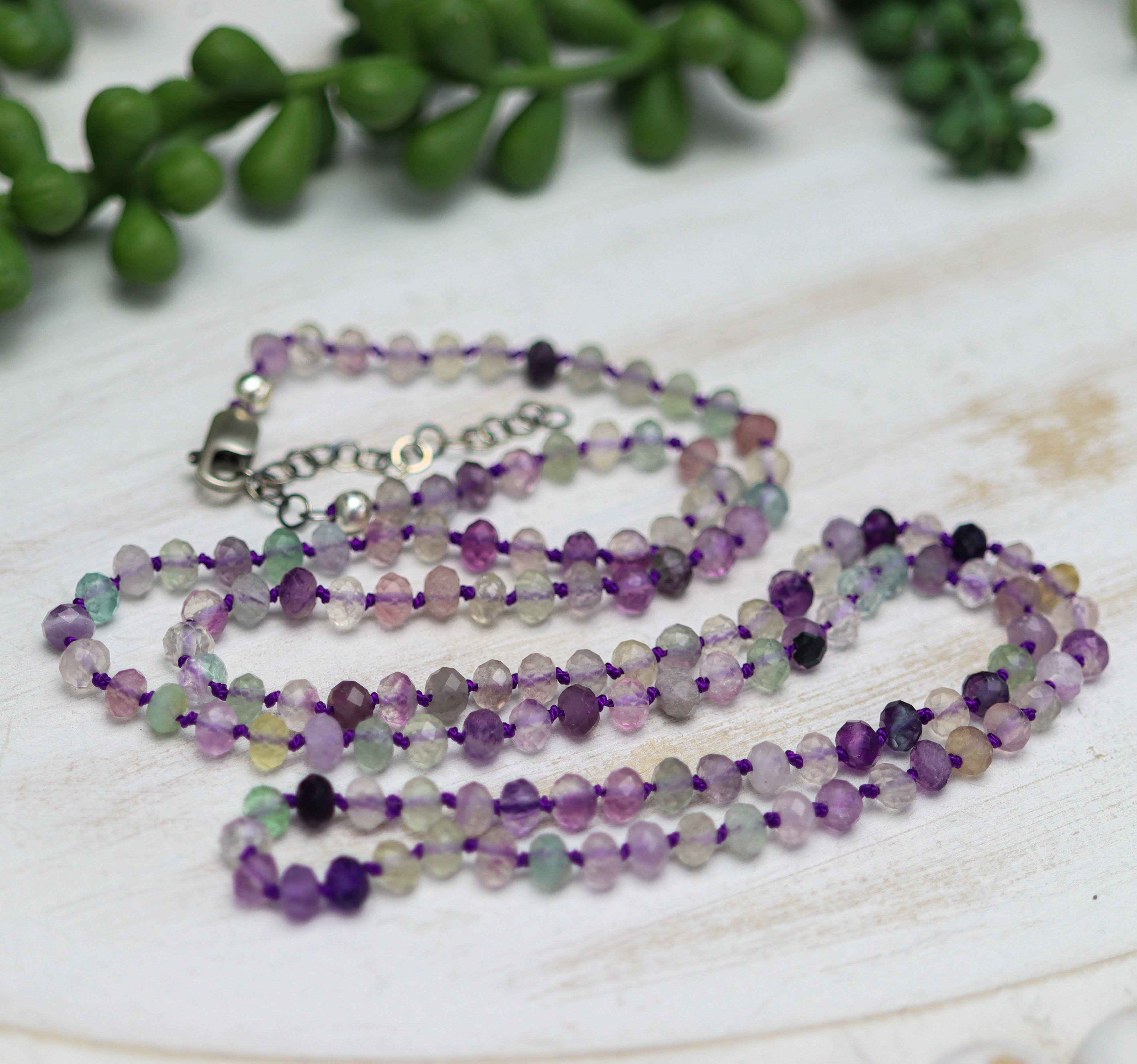 Rainbow Fluorite Hand Knotted Bead Necklace Sterling Silver