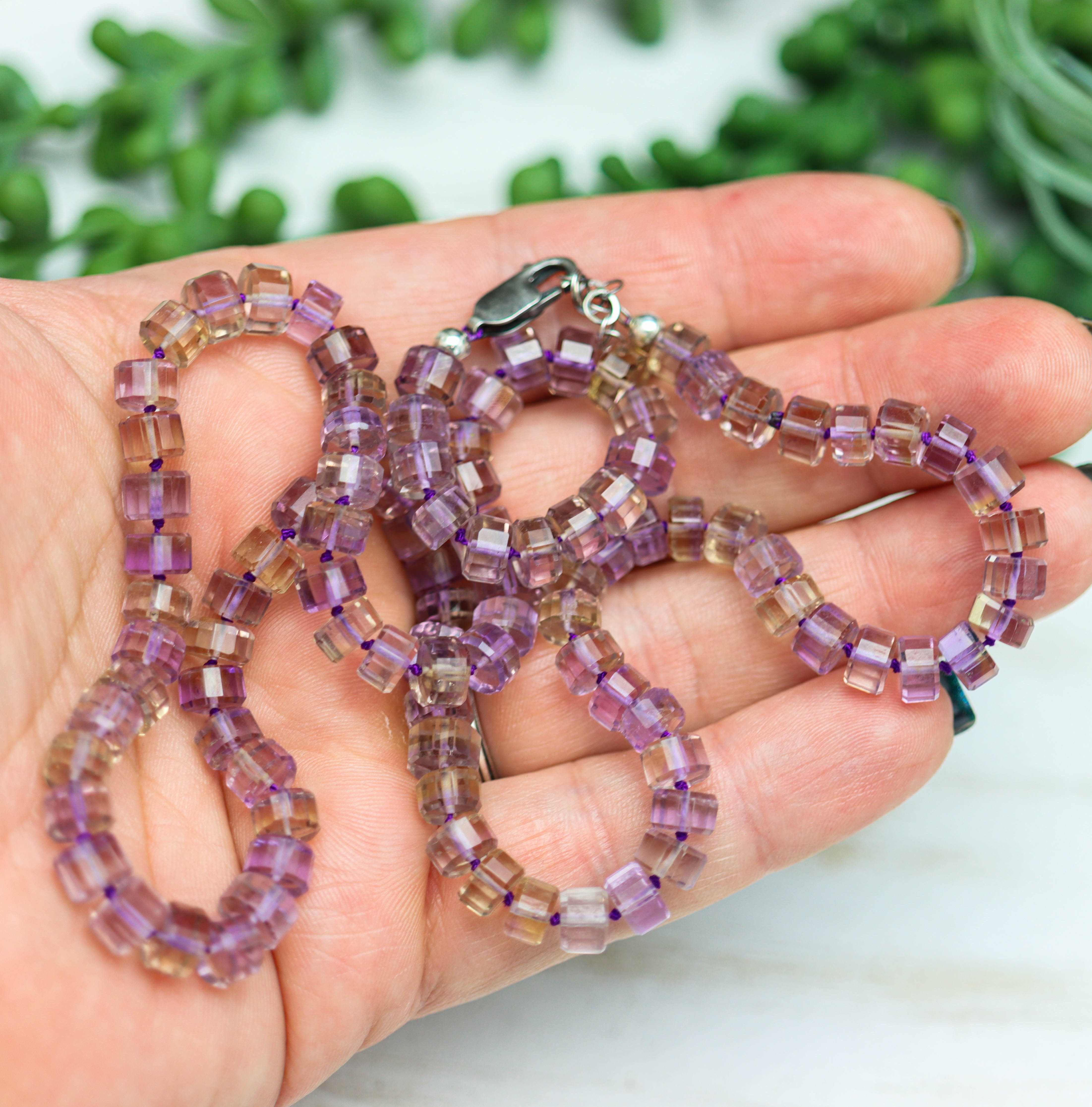 Ametrine Hand Knotted Bead Necklace Sterling Silver Faceted Barrels