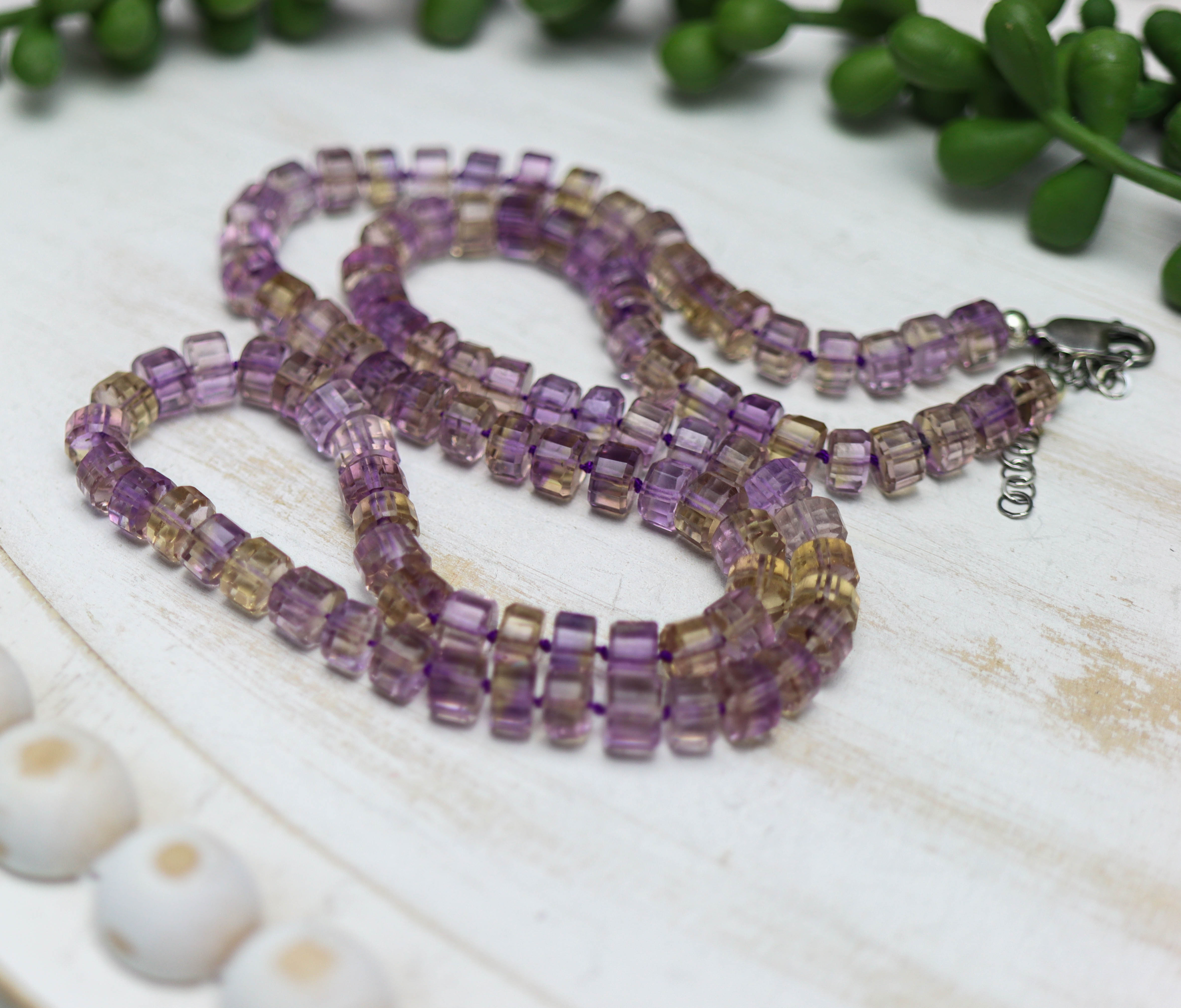 Ametrine Hand Knotted Bead Necklace Sterling Silver Faceted Barrels
