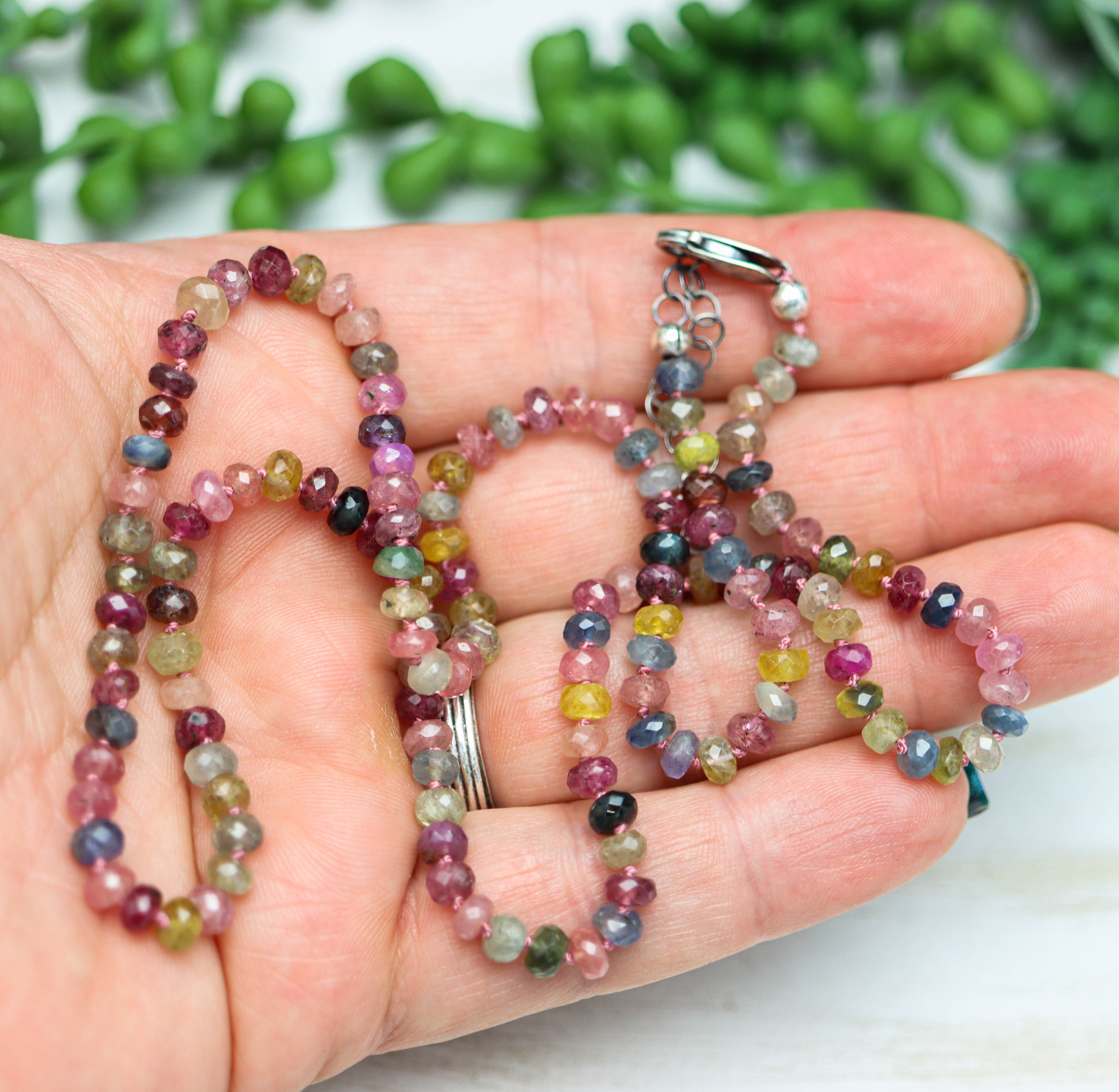 Multi Colored Sapphire Hand Knotted Bead Necklace Sterling Silver