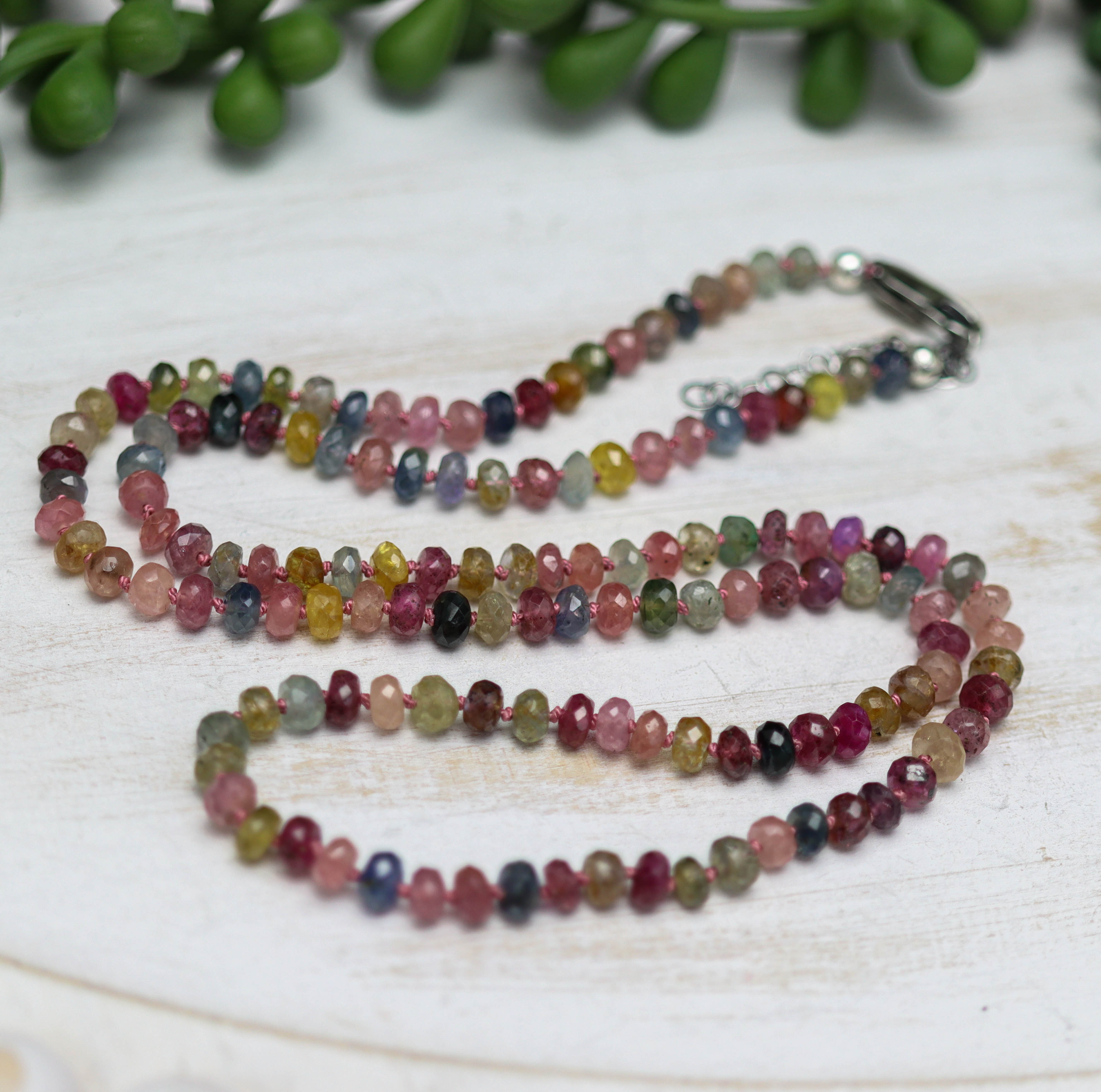 Multi Colored Sapphire Hand Knotted Bead Necklace Sterling Silver