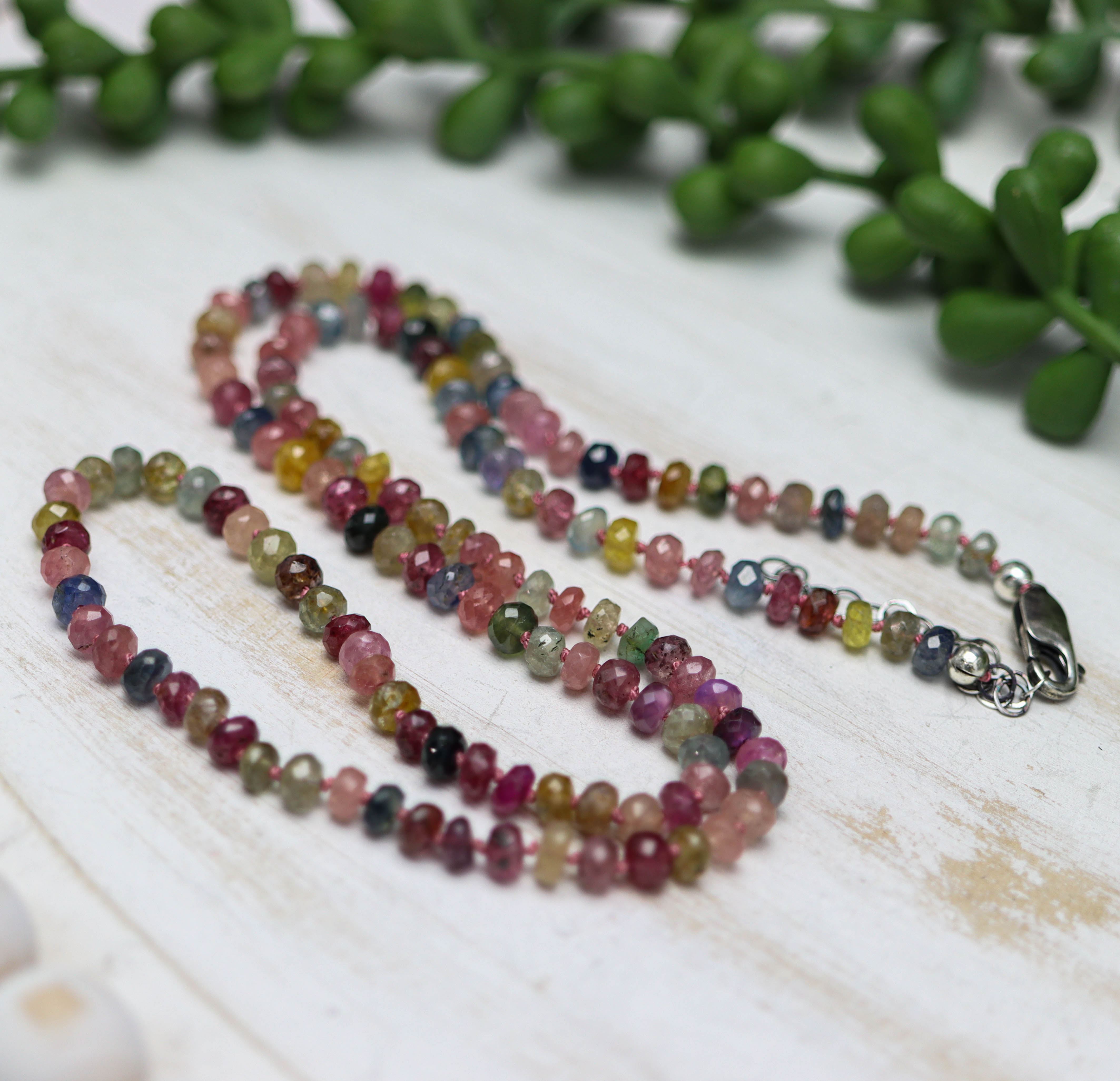 Multi Colored Sapphire Hand Knotted Bead Necklace Sterling Silver
