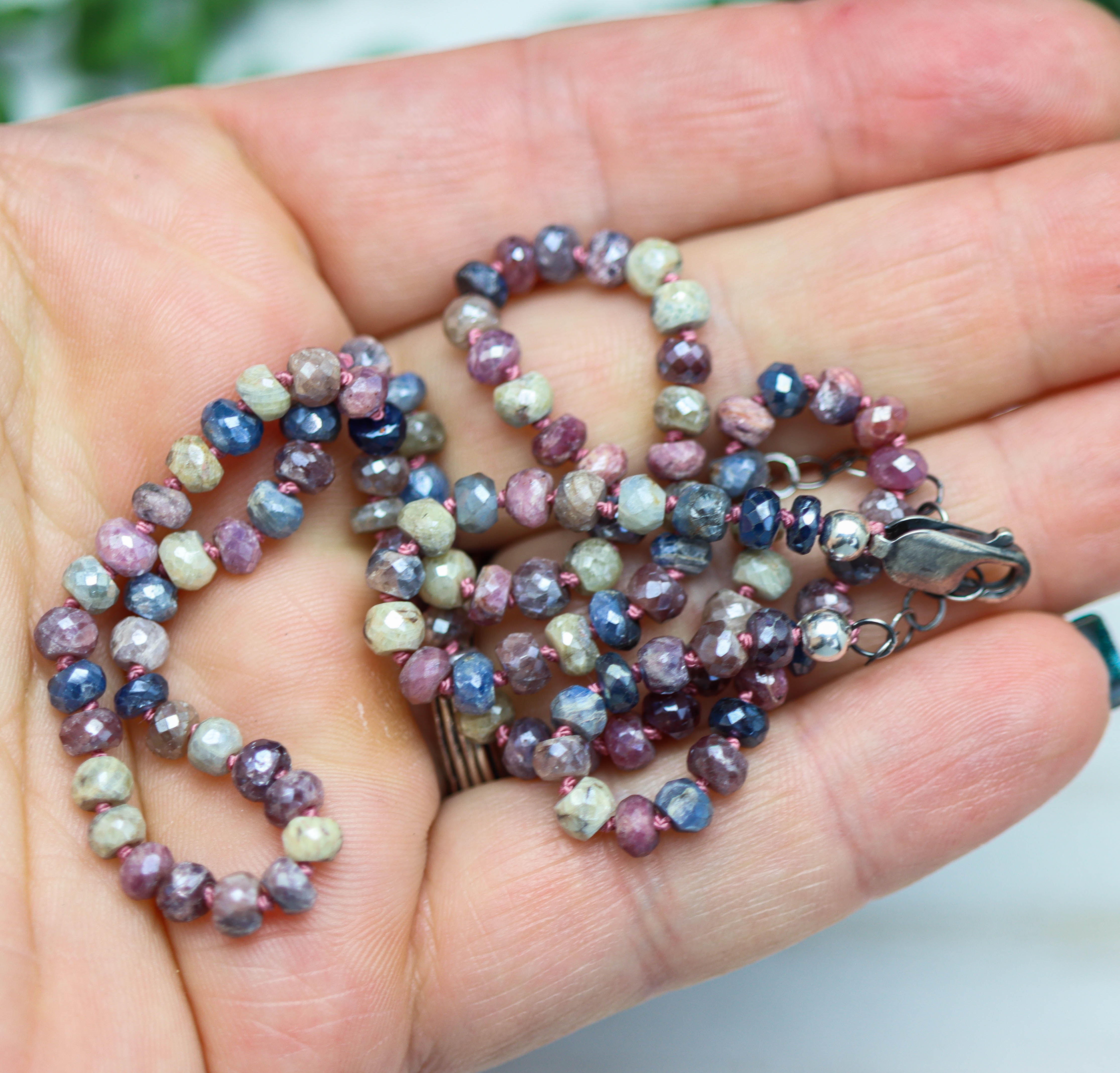 Multi Colored Sapphire Hand Knotted Bead Necklace Sterling Silver 18 inch