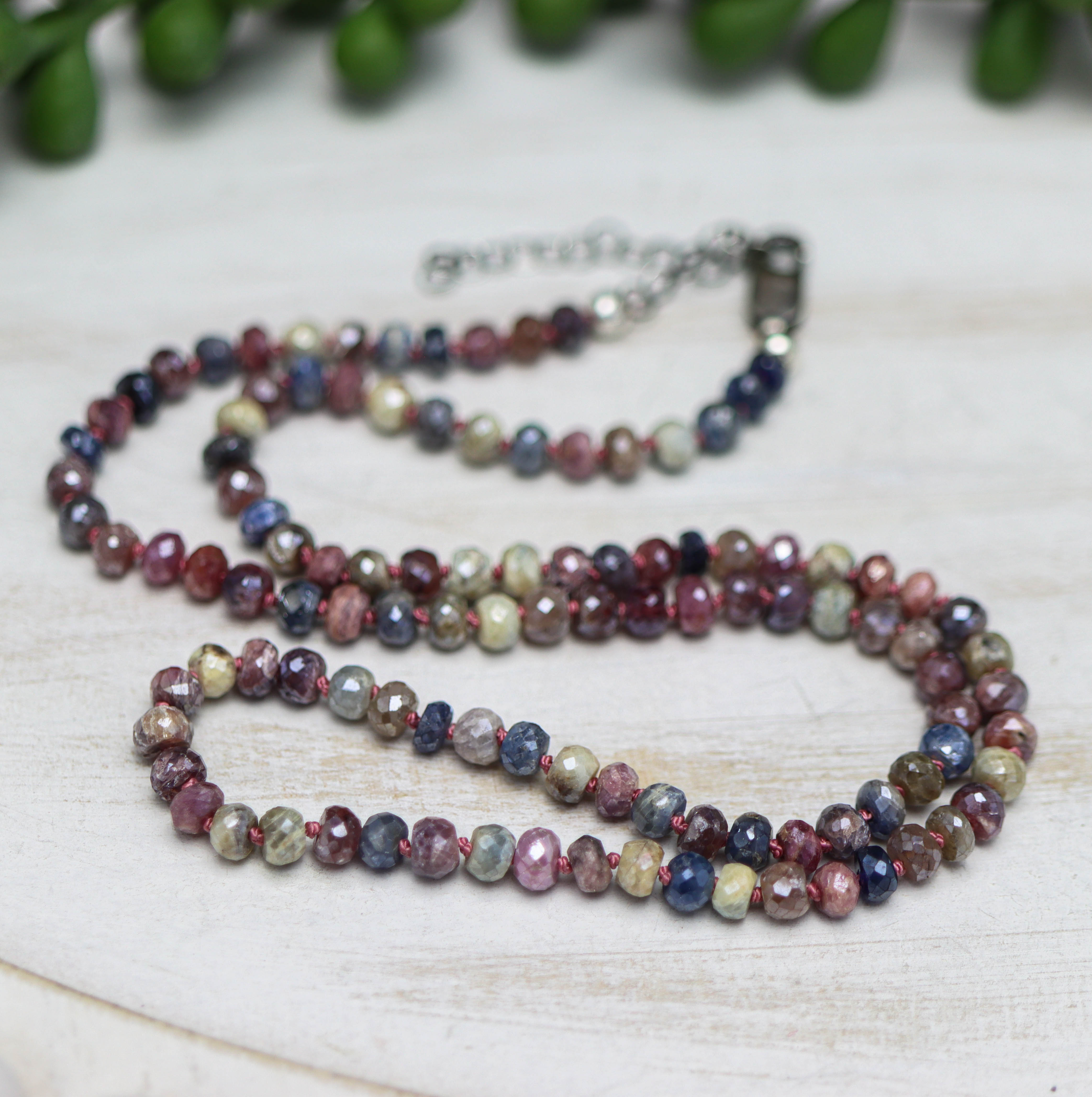 Multi Colored Sapphire Hand Knotted Bead Necklace Sterling Silver 18 inch