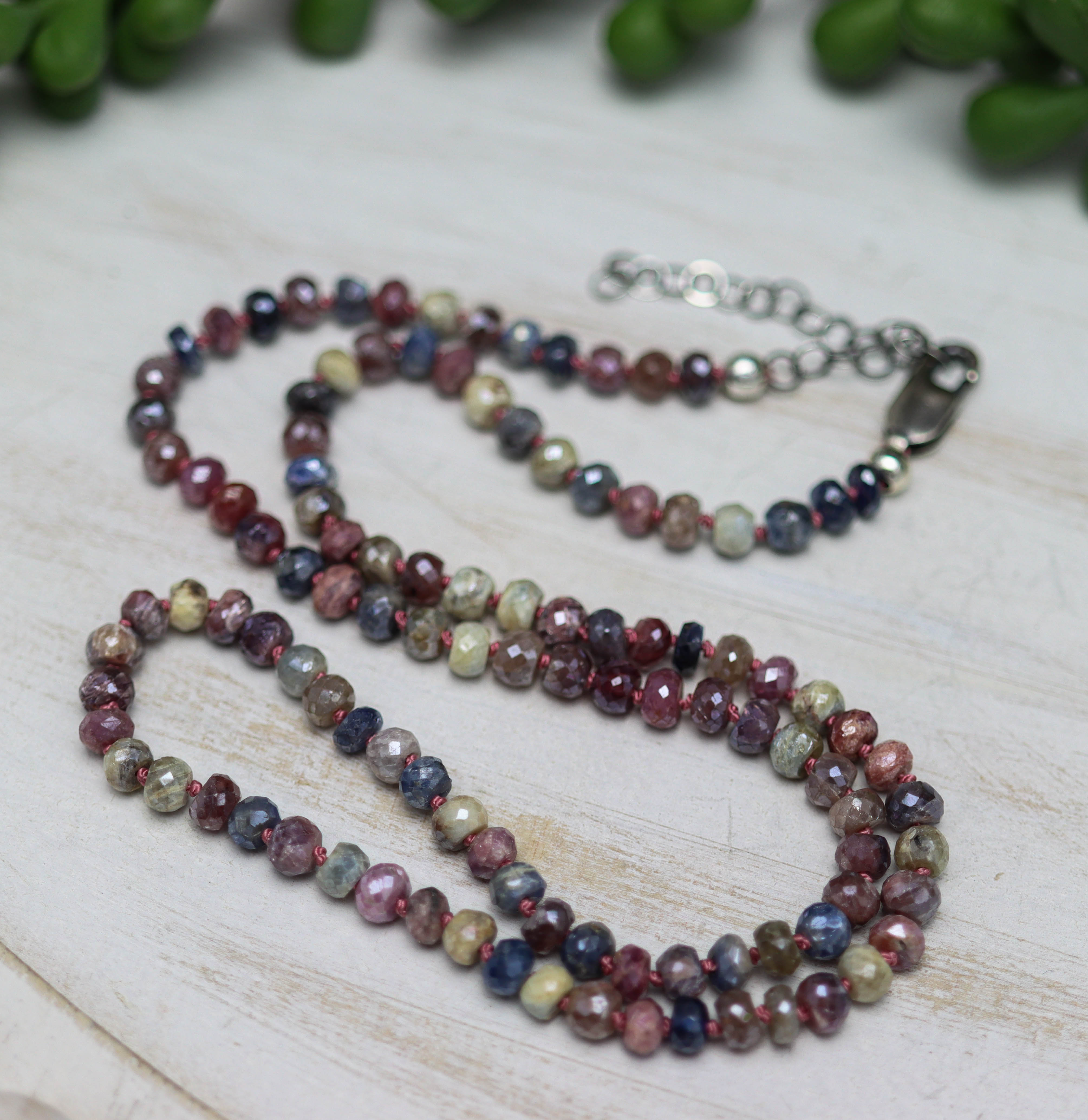 Multi Colored Sapphire Hand Knotted Bead Necklace Sterling Silver 18 inch