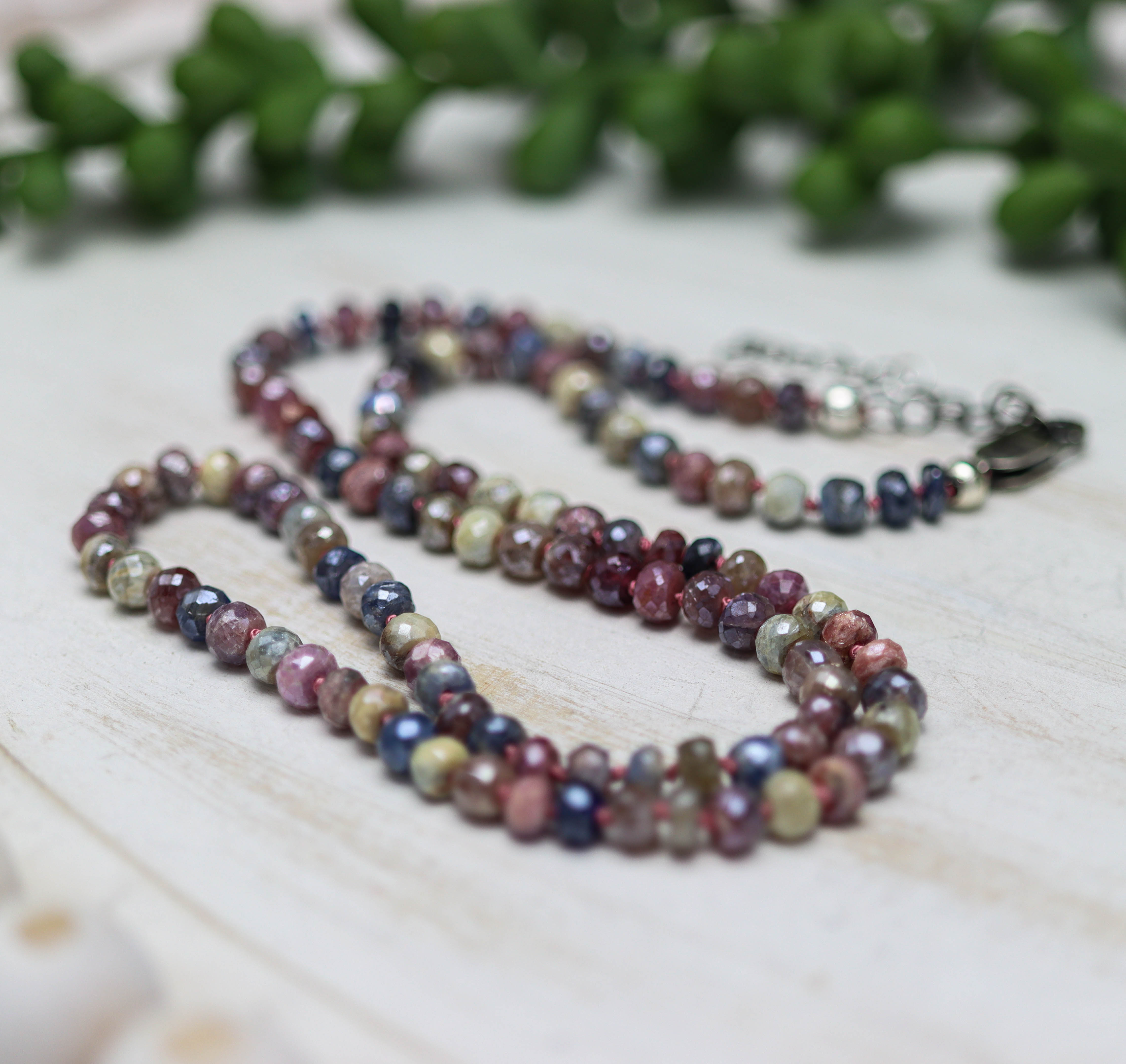 Multi Colored Sapphire Hand Knotted Bead Necklace Sterling Silver 18 inch