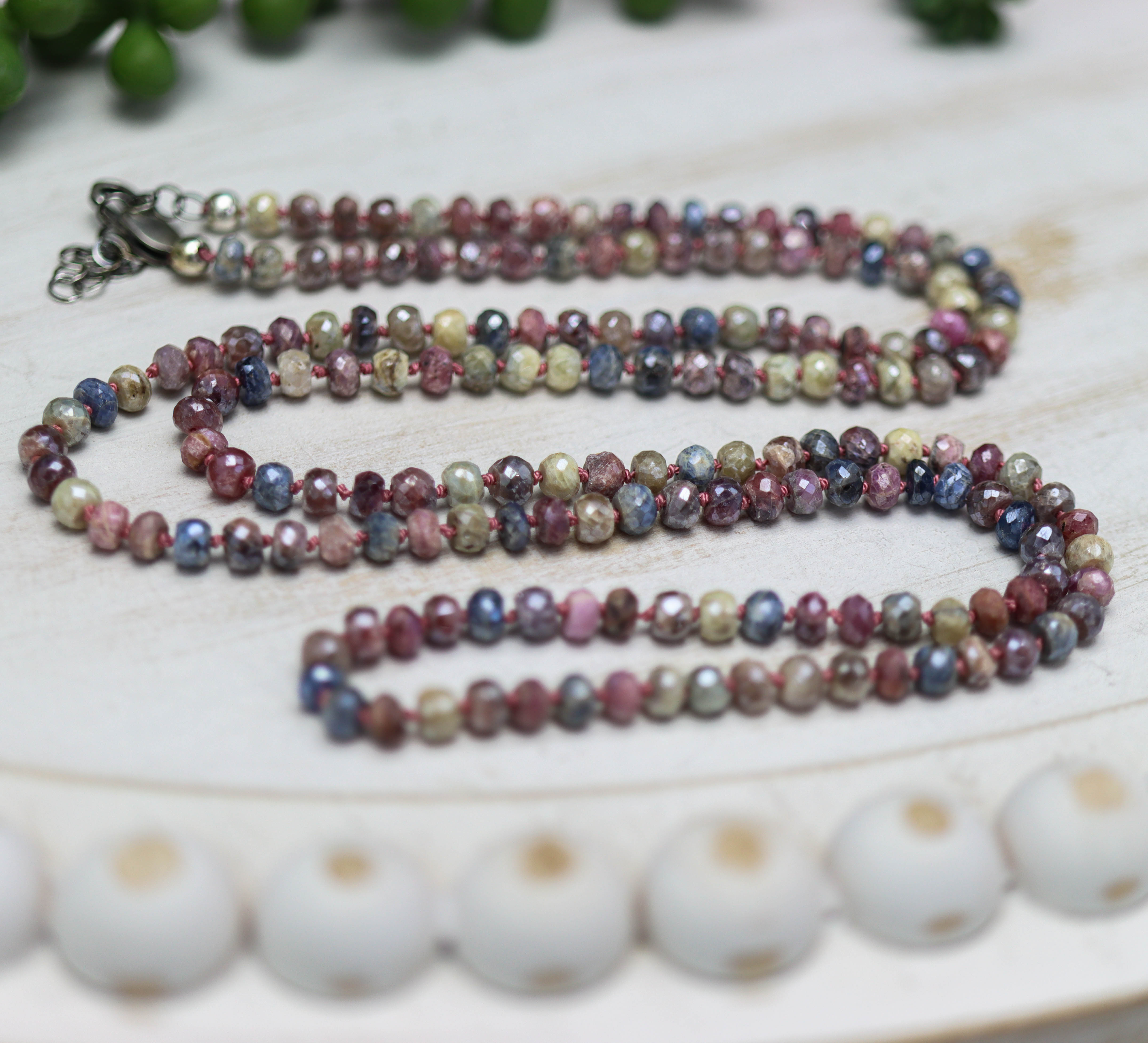Multi Colored Sapphire Hand Knotted Bead Necklace Sterling Silver 28 inch