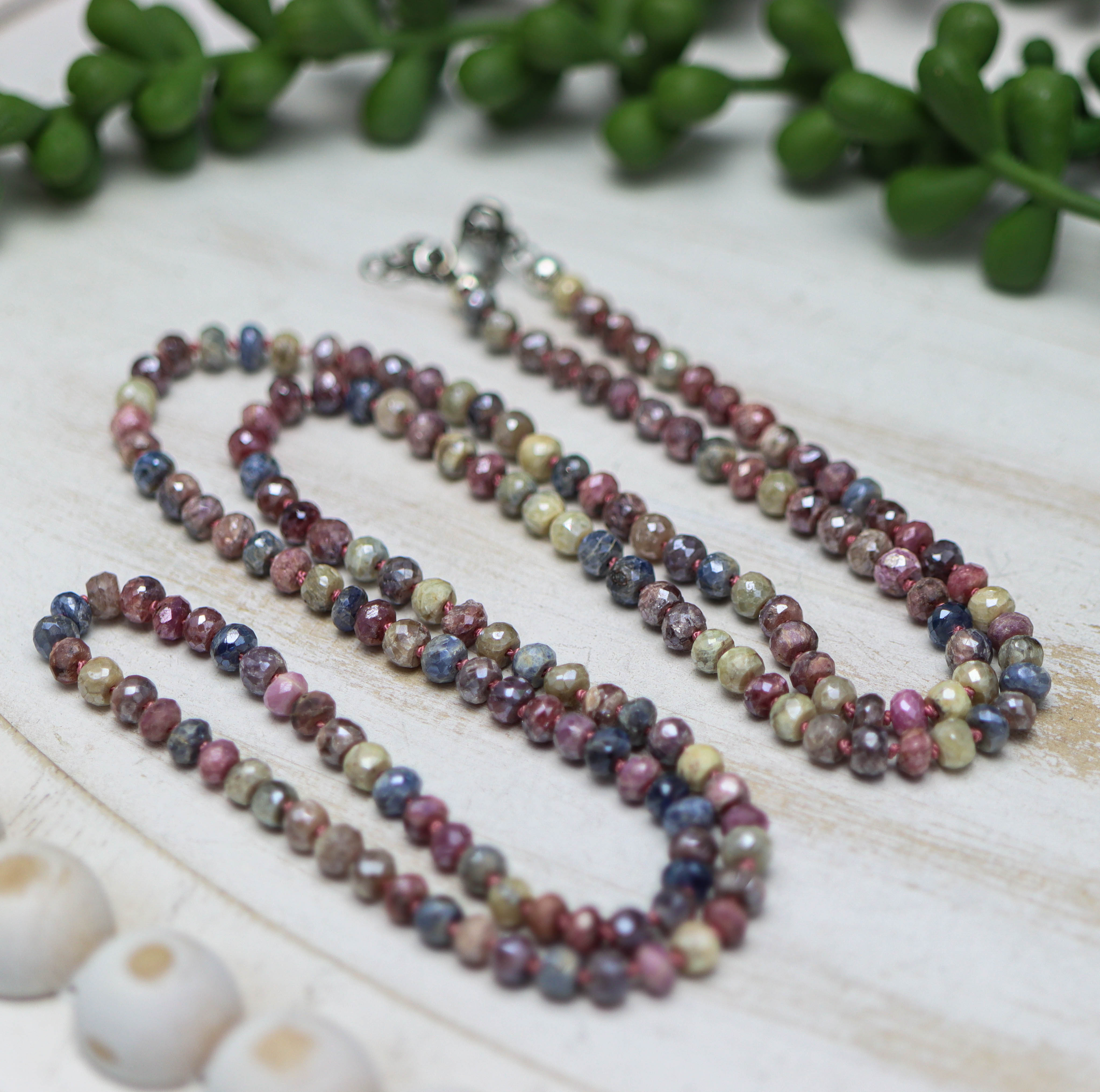 Multi Colored Sapphire Hand Knotted Bead Necklace Sterling Silver 28 inch