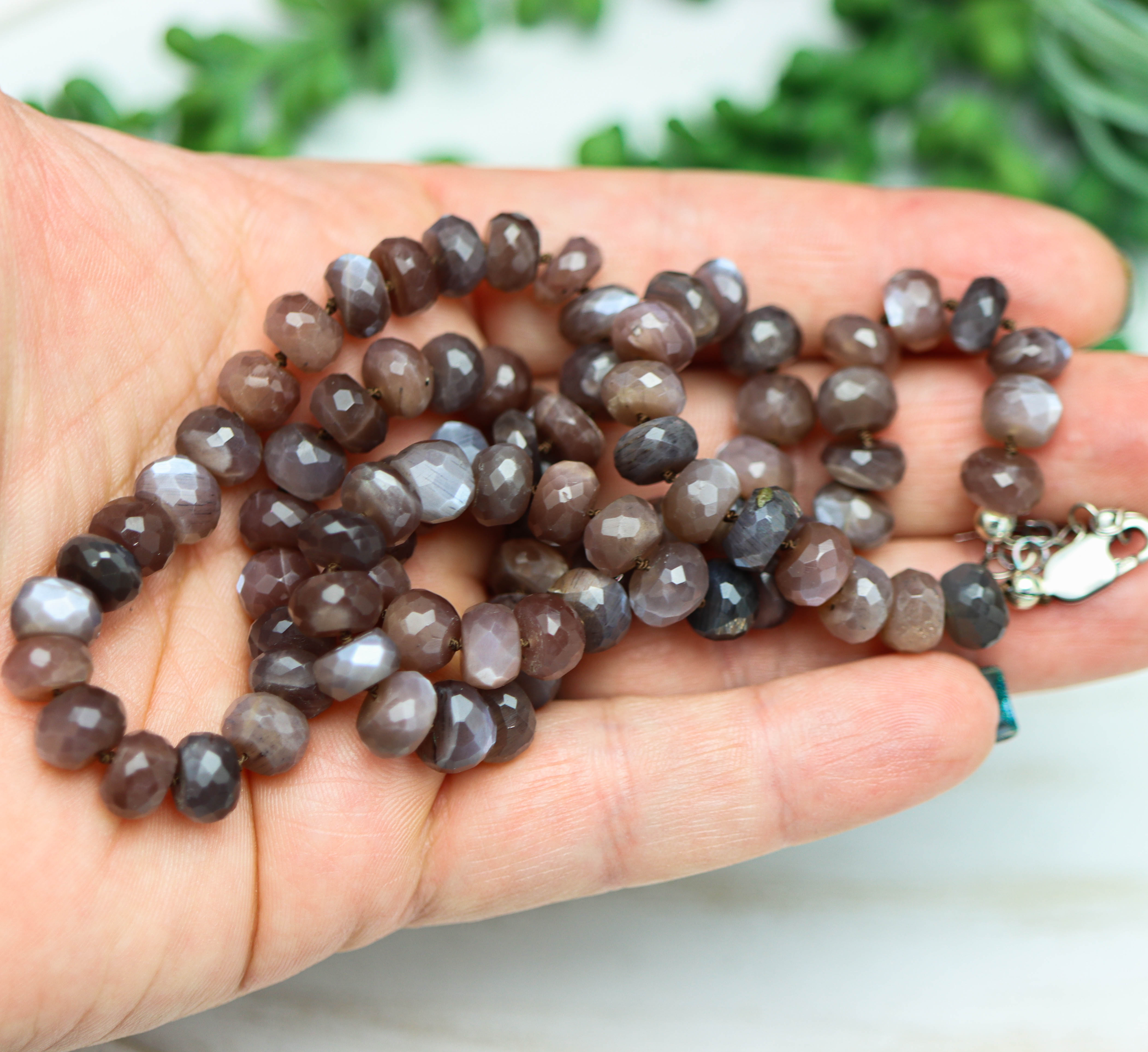 Chocolate Moonstone Hand Knotted Bead Necklace Sterling Silver