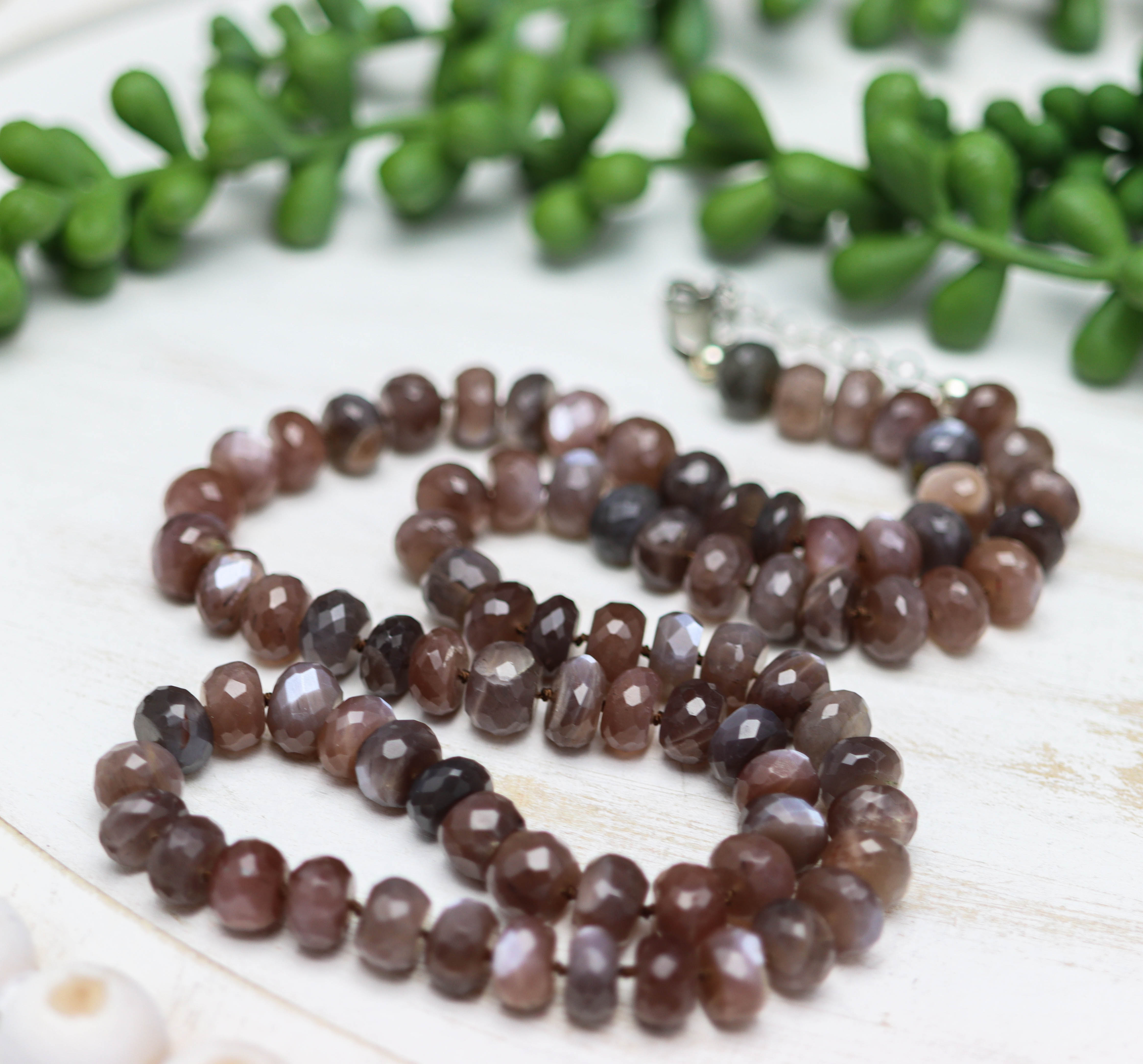 Chocolate Moonstone Hand Knotted Bead Necklace Sterling Silver