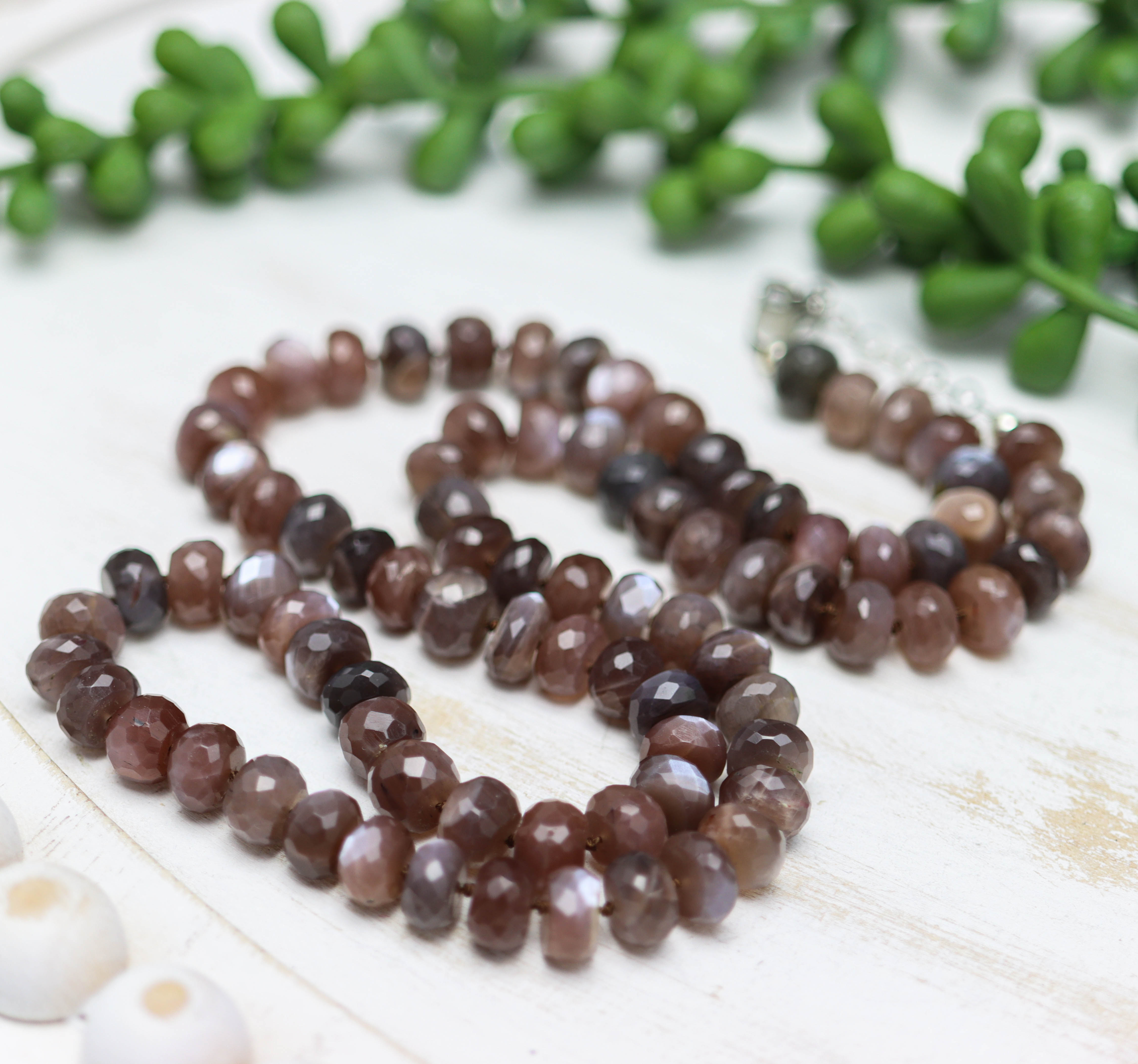 Chocolate Moonstone Hand Knotted Bead Necklace Sterling Silver
