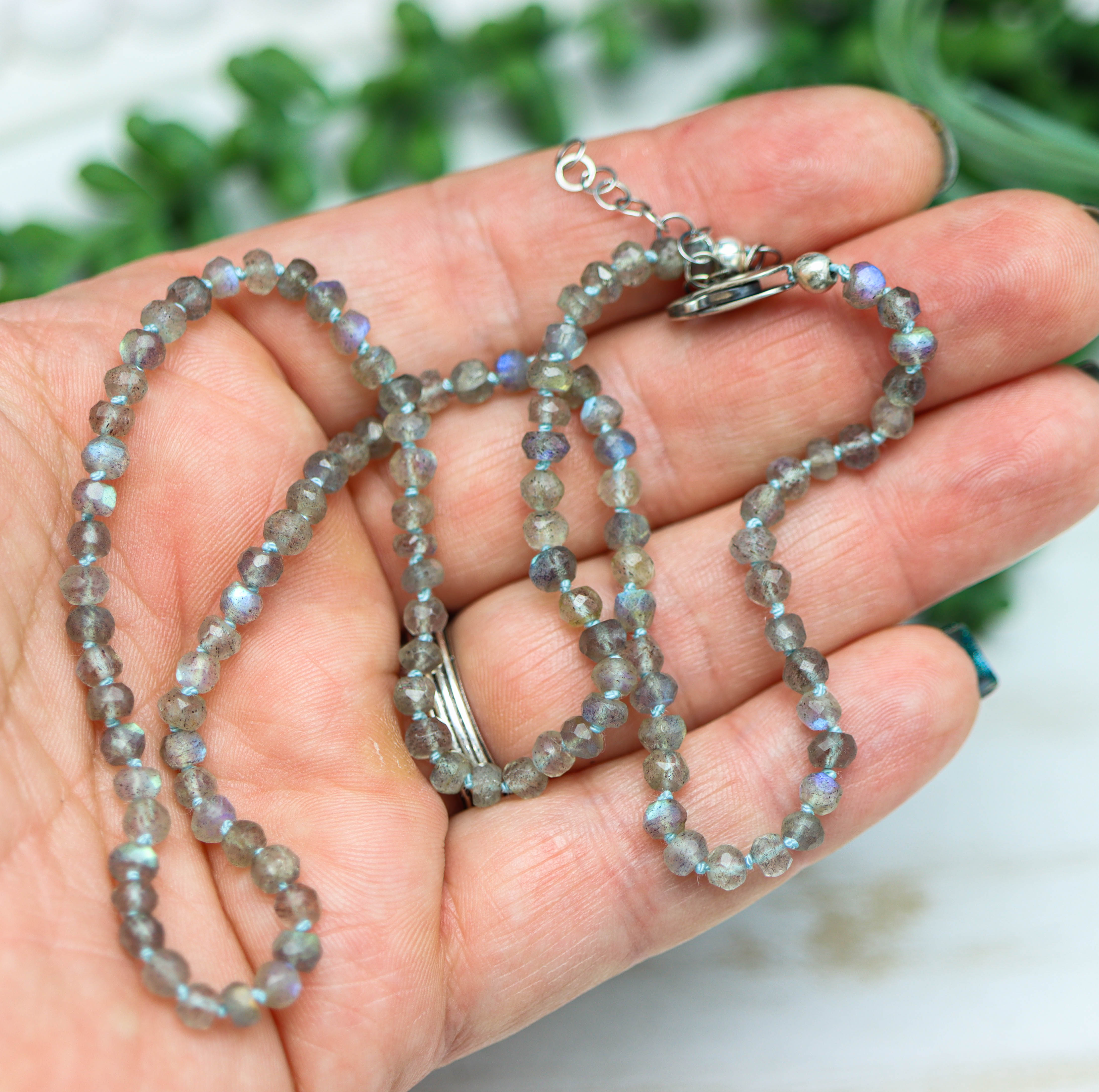 Sparkly Labradorite Hand Knotted Bead Necklace Sterling Silver 18 Inch