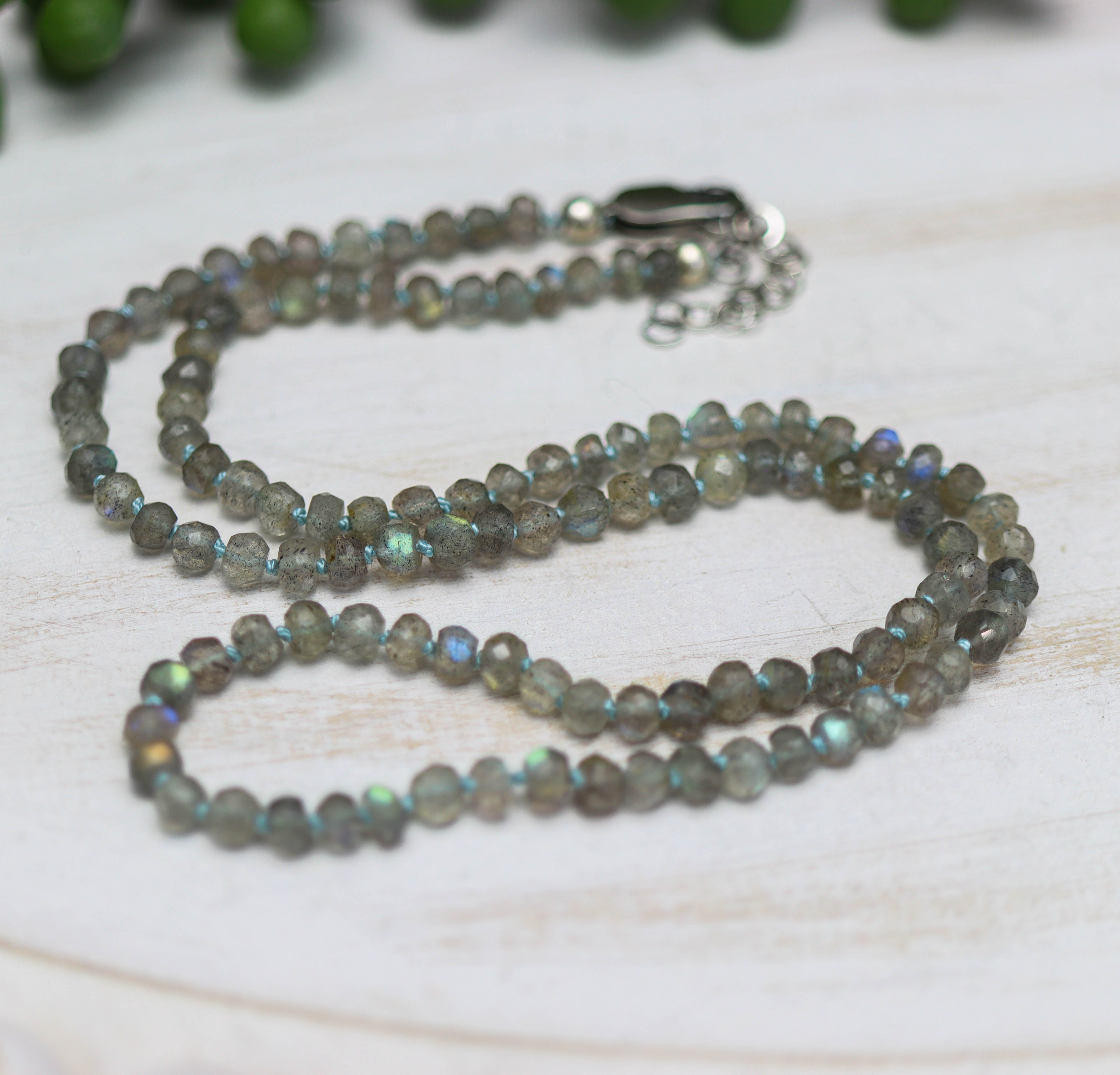 Sparkly Labradorite Hand Knotted Bead Necklace Sterling Silver 18 Inch