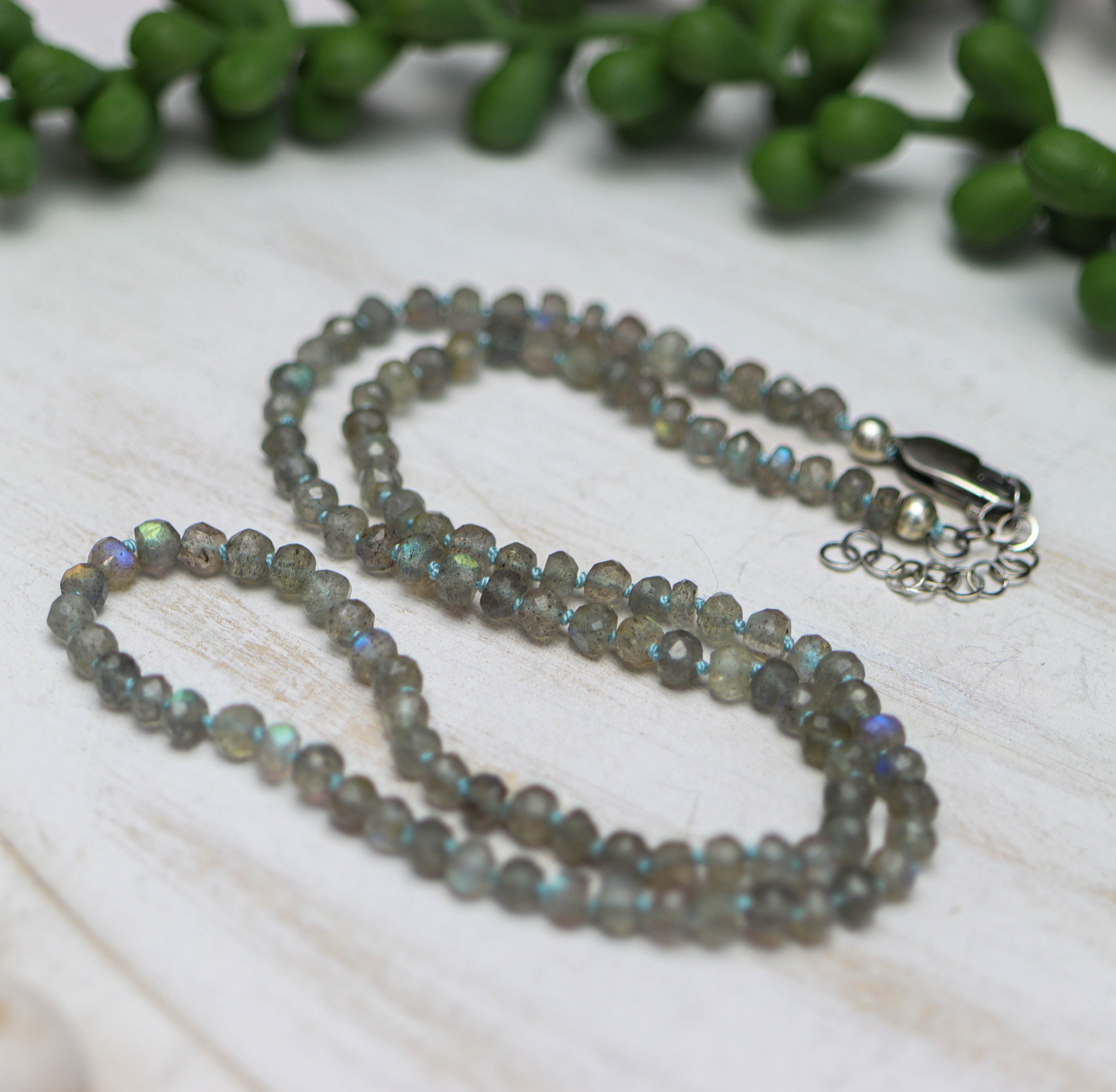 Sparkly Labradorite Hand Knotted Bead Necklace Sterling Silver 18 Inch