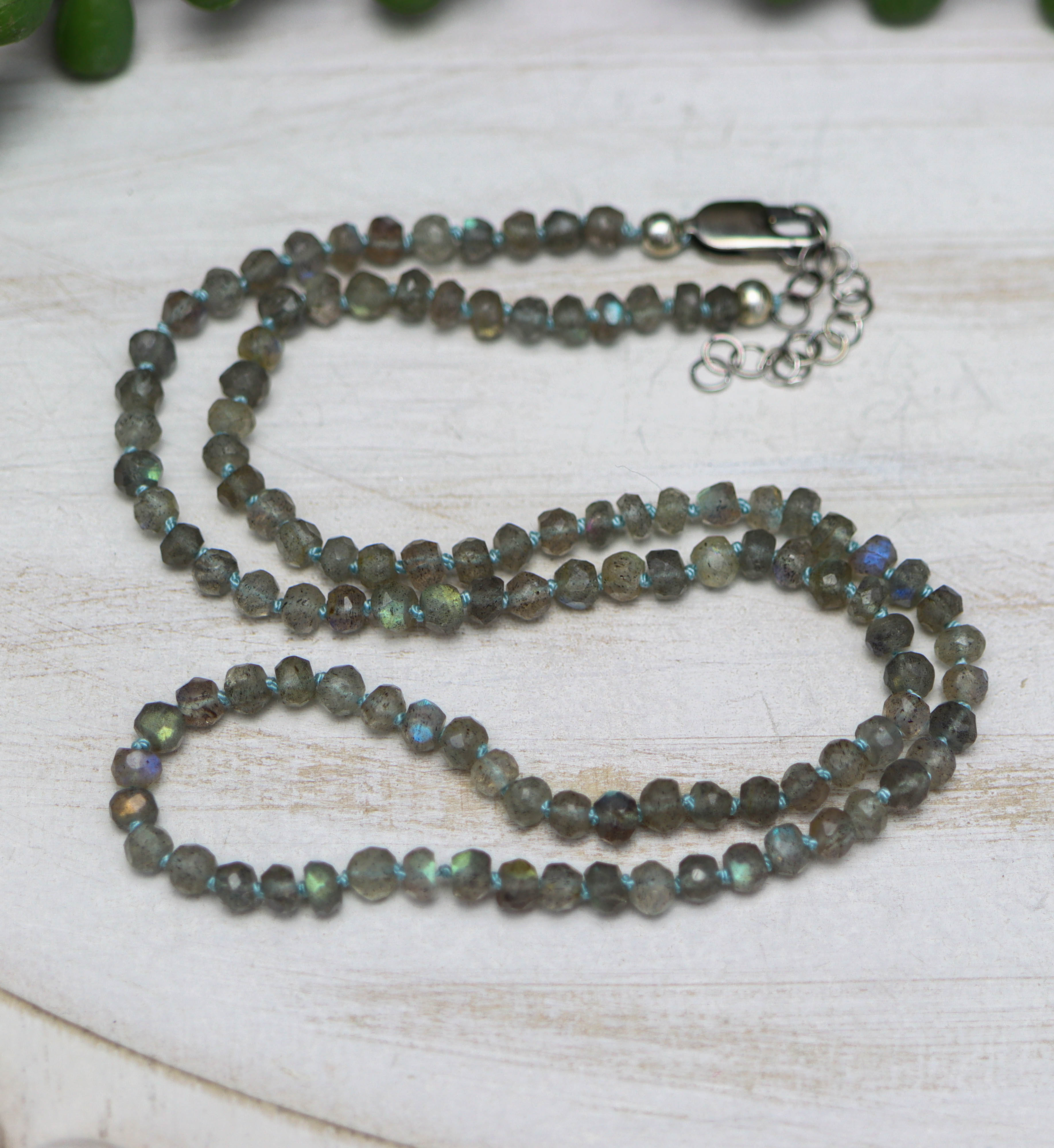 Sparkly Labradorite Hand Knotted Bead Necklace Sterling Silver 18 Inch