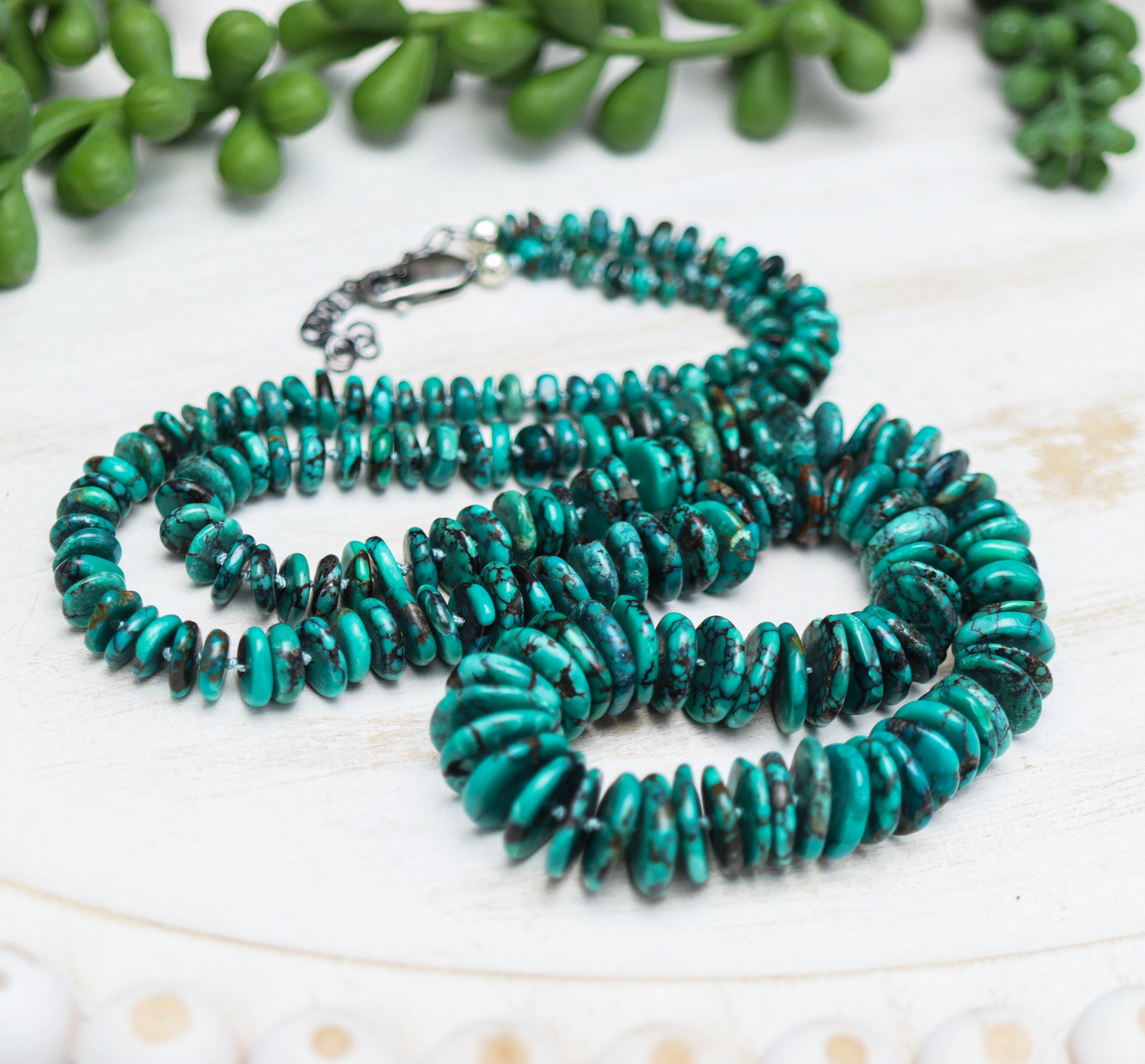 Turquoise Hand Knotted Bead Necklace Sterling Silver