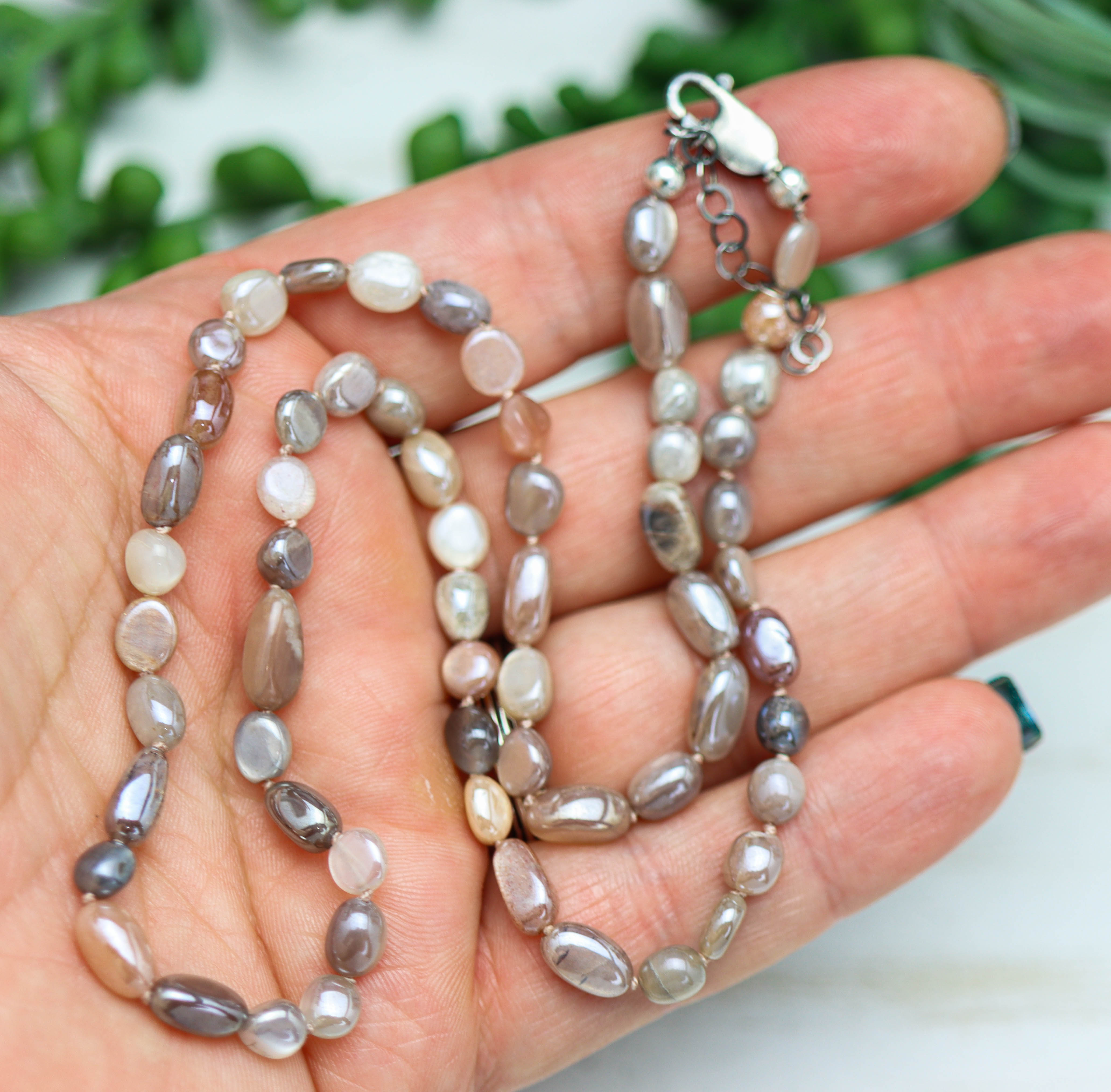 Moonstone Hand Knotted Bead Necklace Sterling Silver 18 Inch