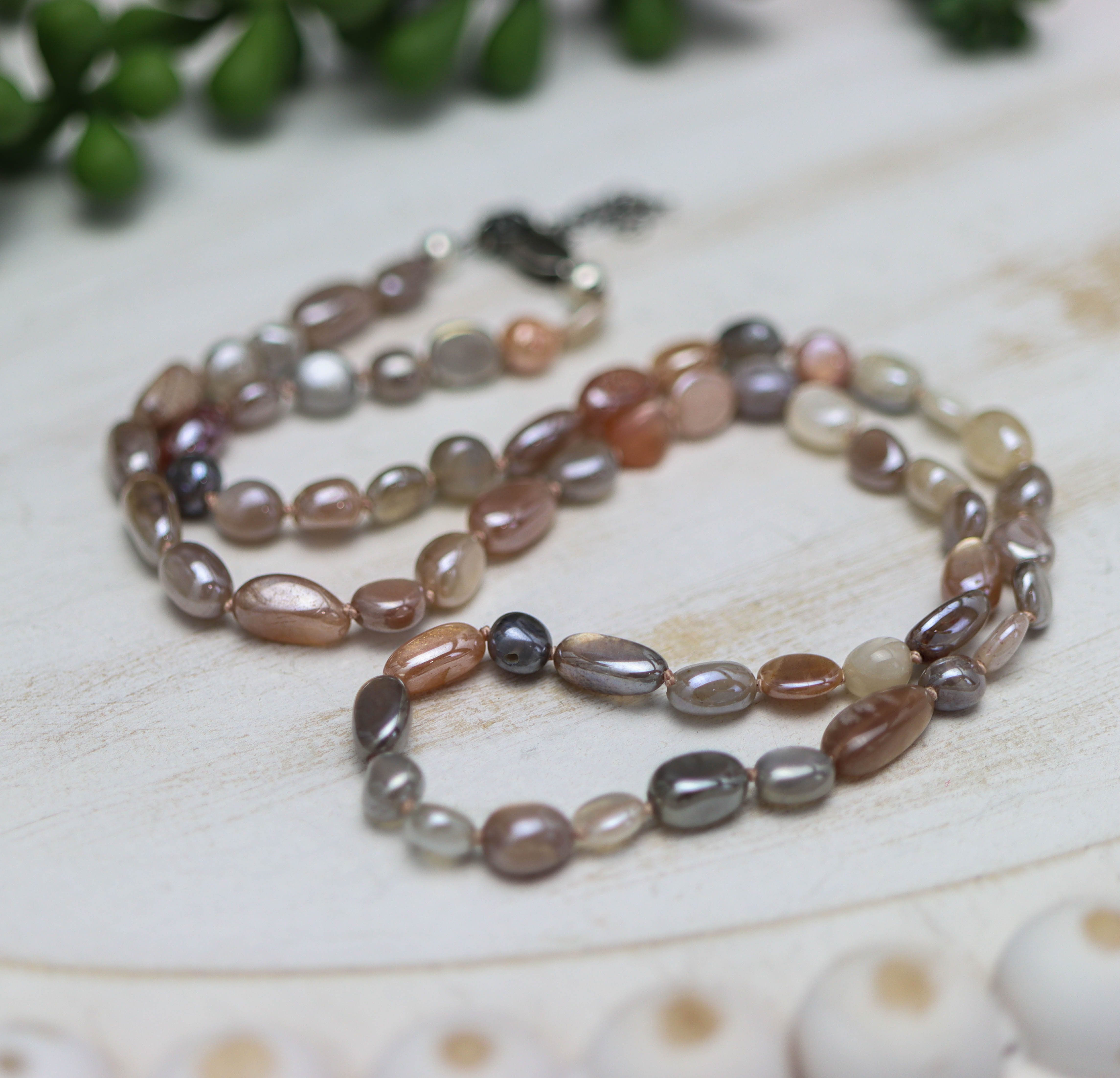 Moonstone Hand Knotted Bead Necklace Sterling Silver 18 Inch