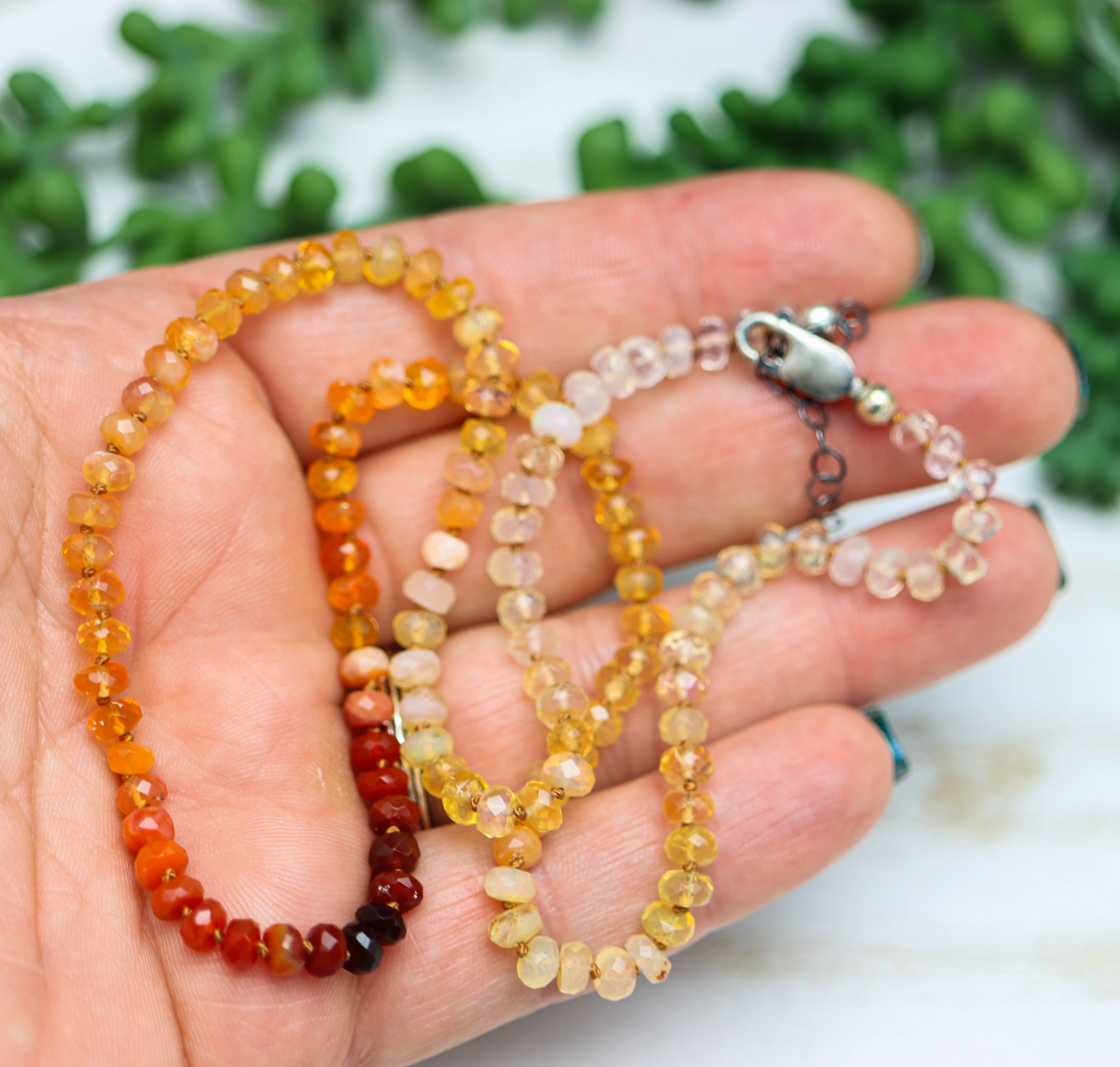 Mexican Fire Opal Hand Knotted Bead Necklace Sterling Silver