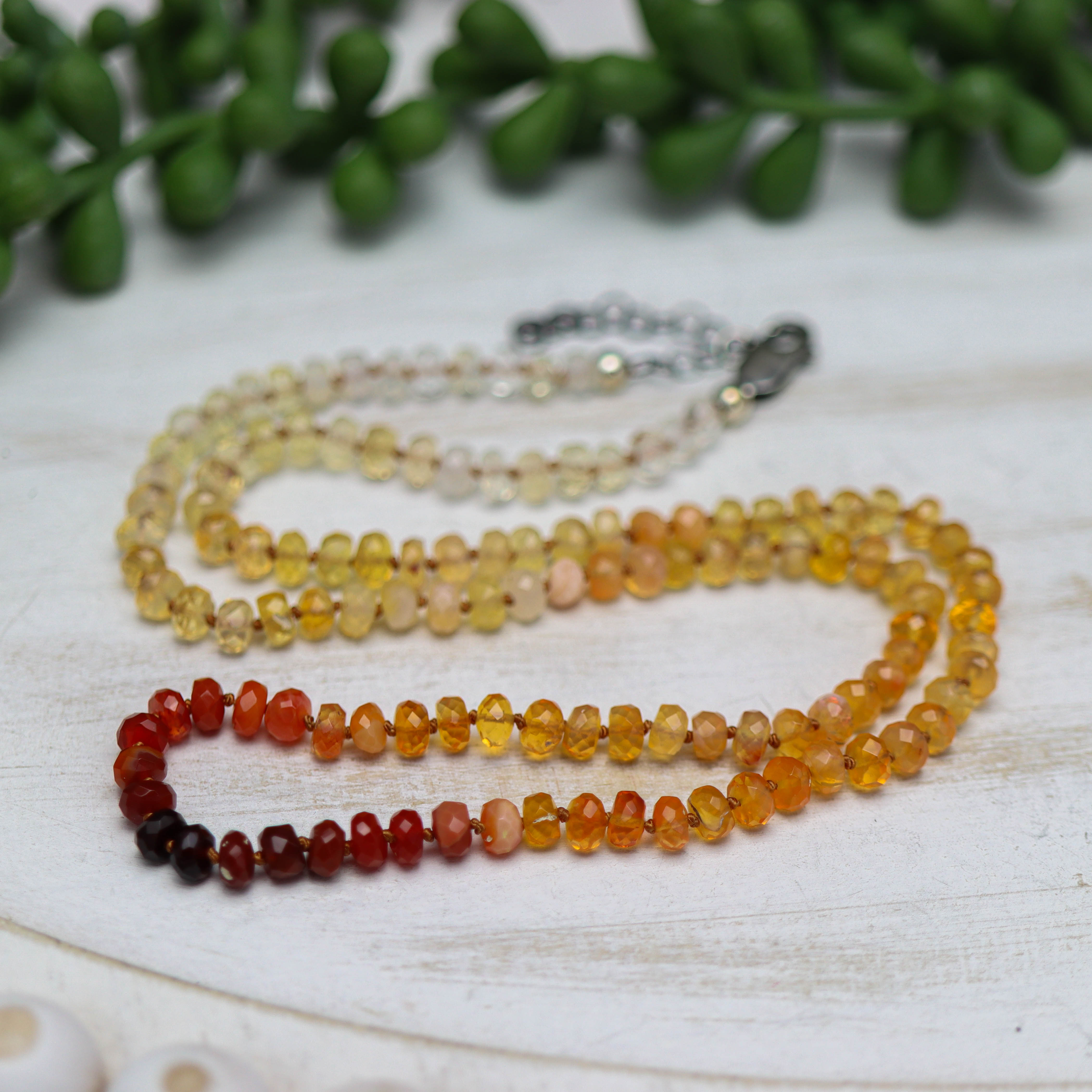 Mexican Fire Opal Hand Knotted Bead Necklace Sterling Silver