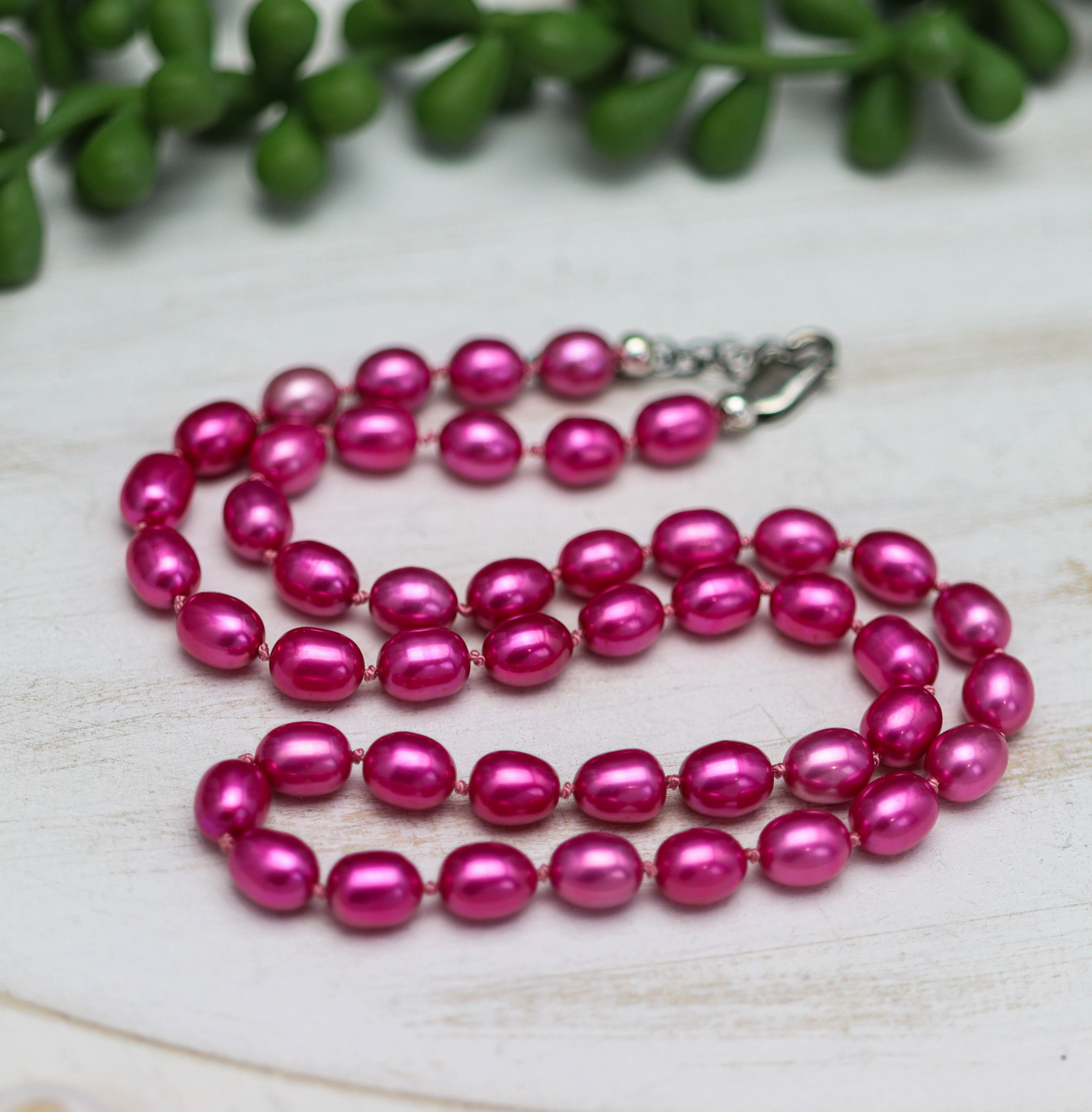 Hot Pink Pearl Hand Knotted Bead Necklace Sterling Silver