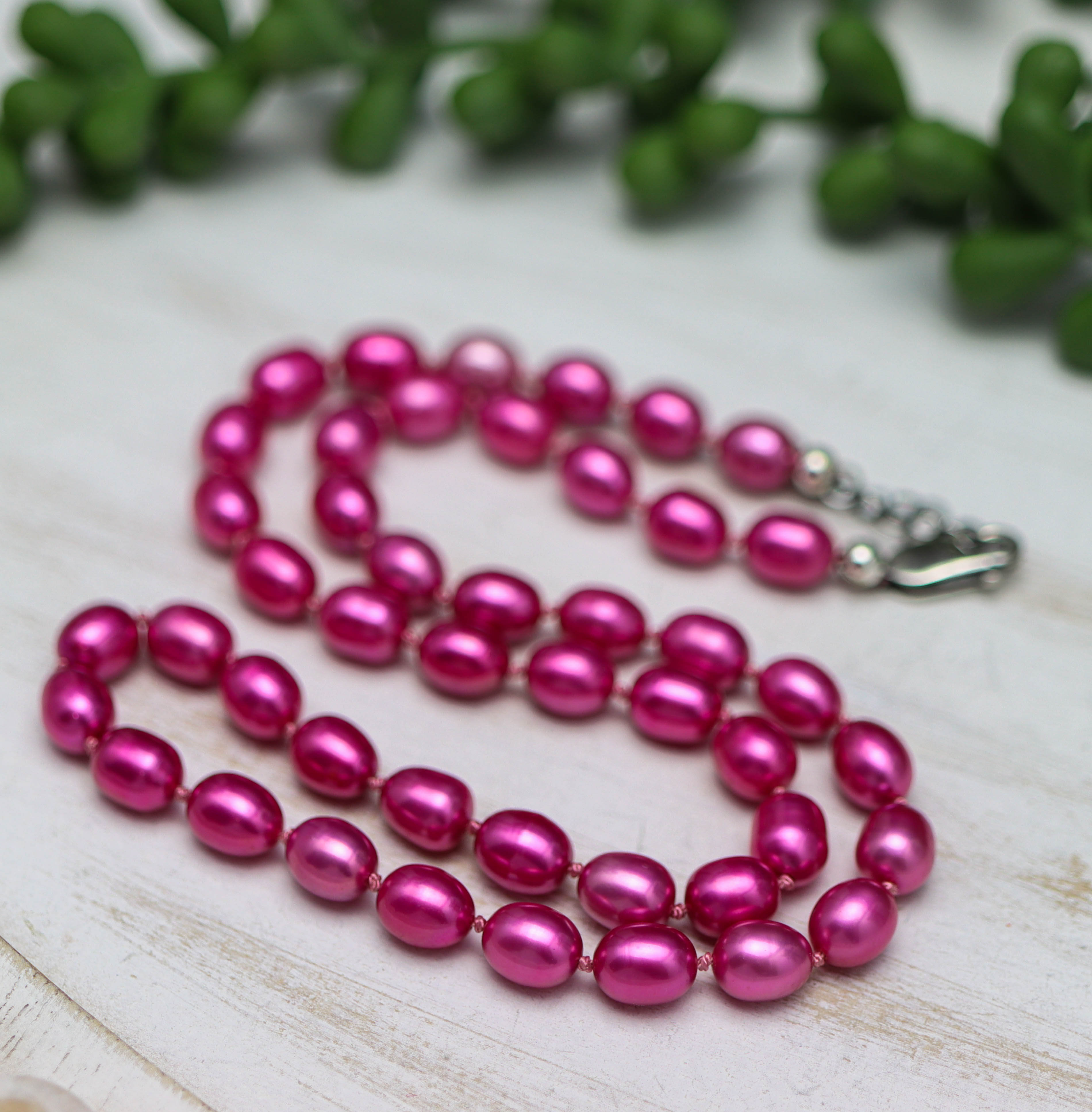 Hot Pink Pearl Hand Knotted Bead Necklace Sterling Silver