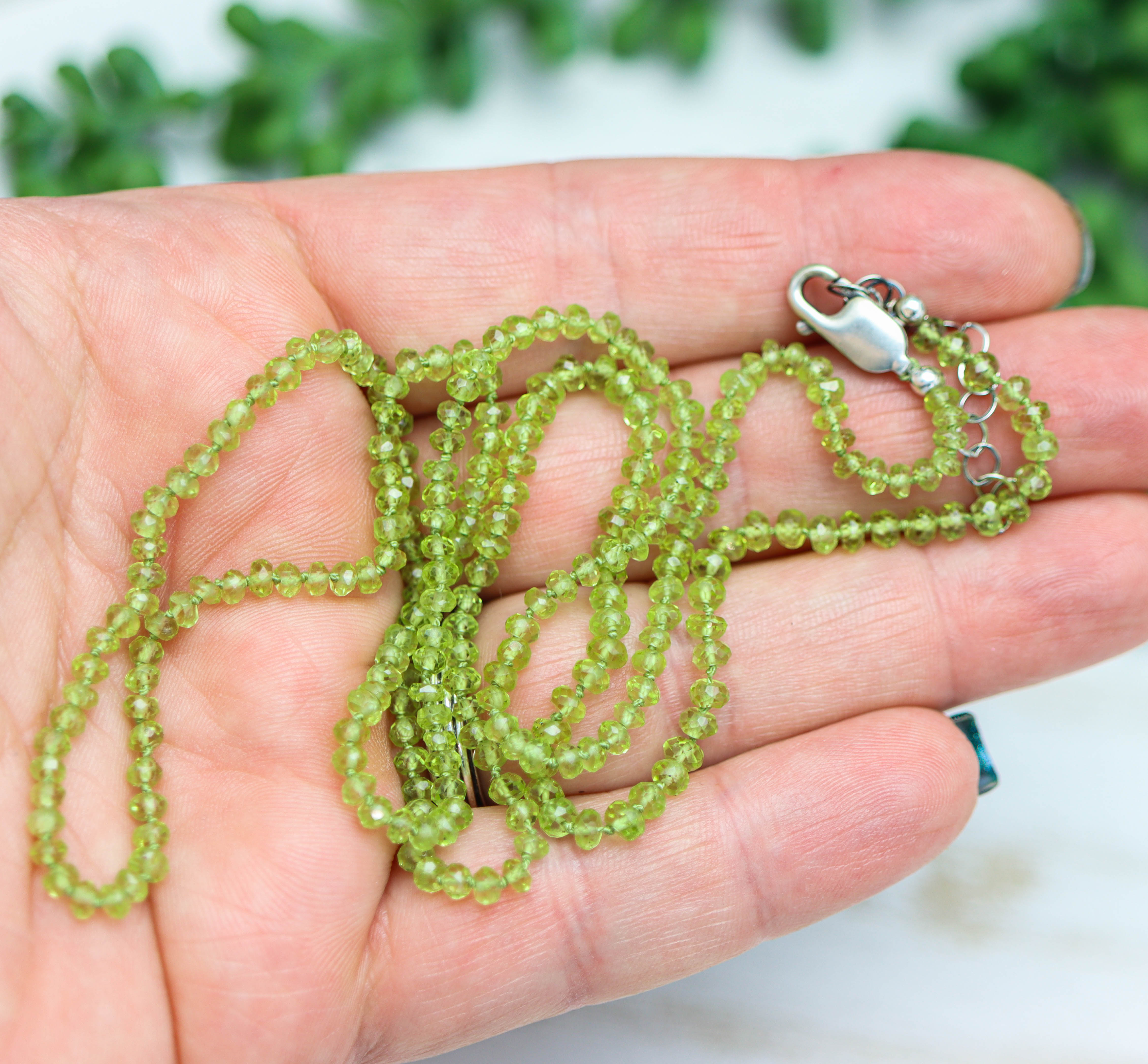 Green Peridot Hand Knotted Bead Necklace Sterling Silver