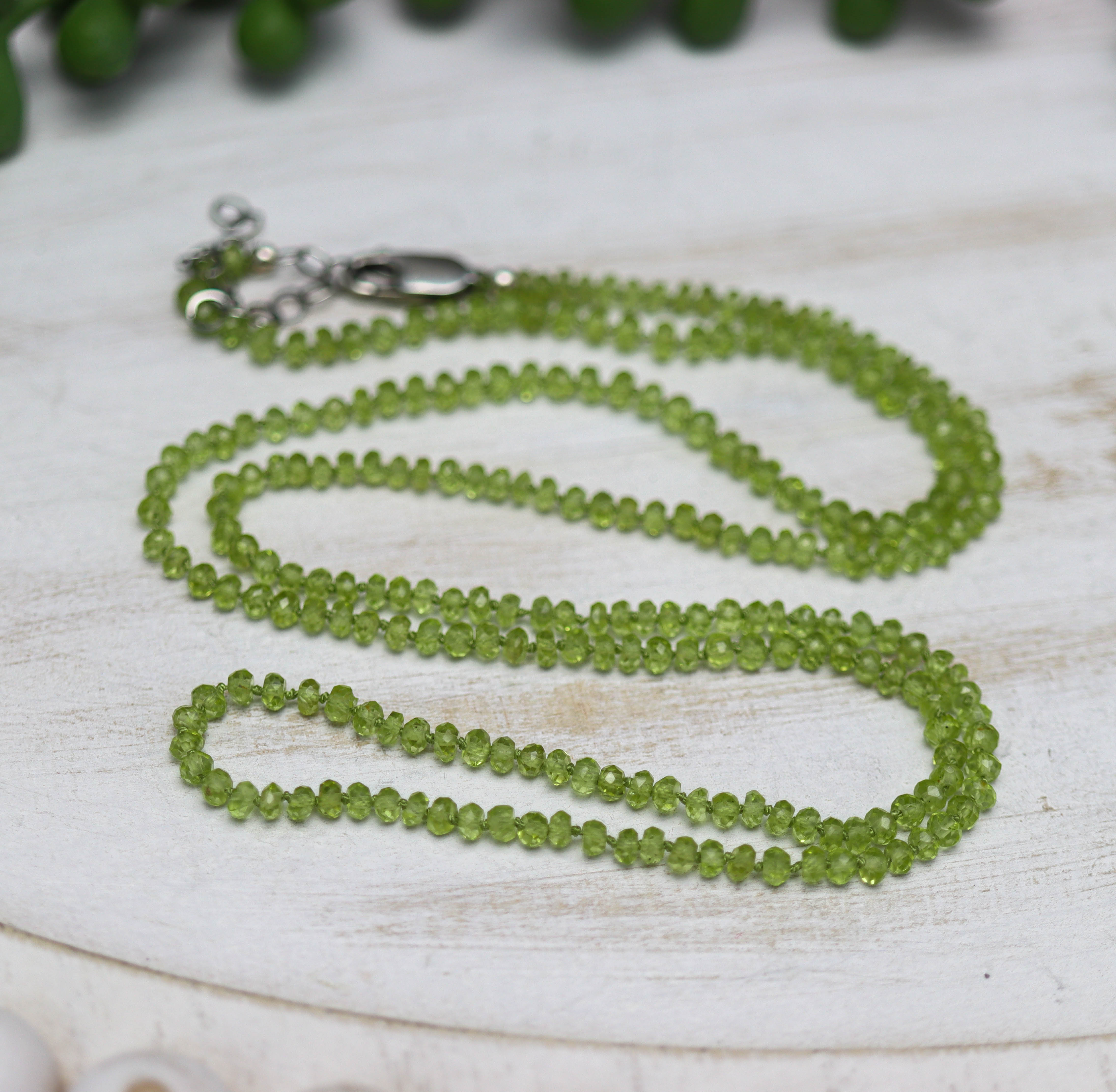 Green Peridot Hand Knotted Bead Necklace Sterling Silver