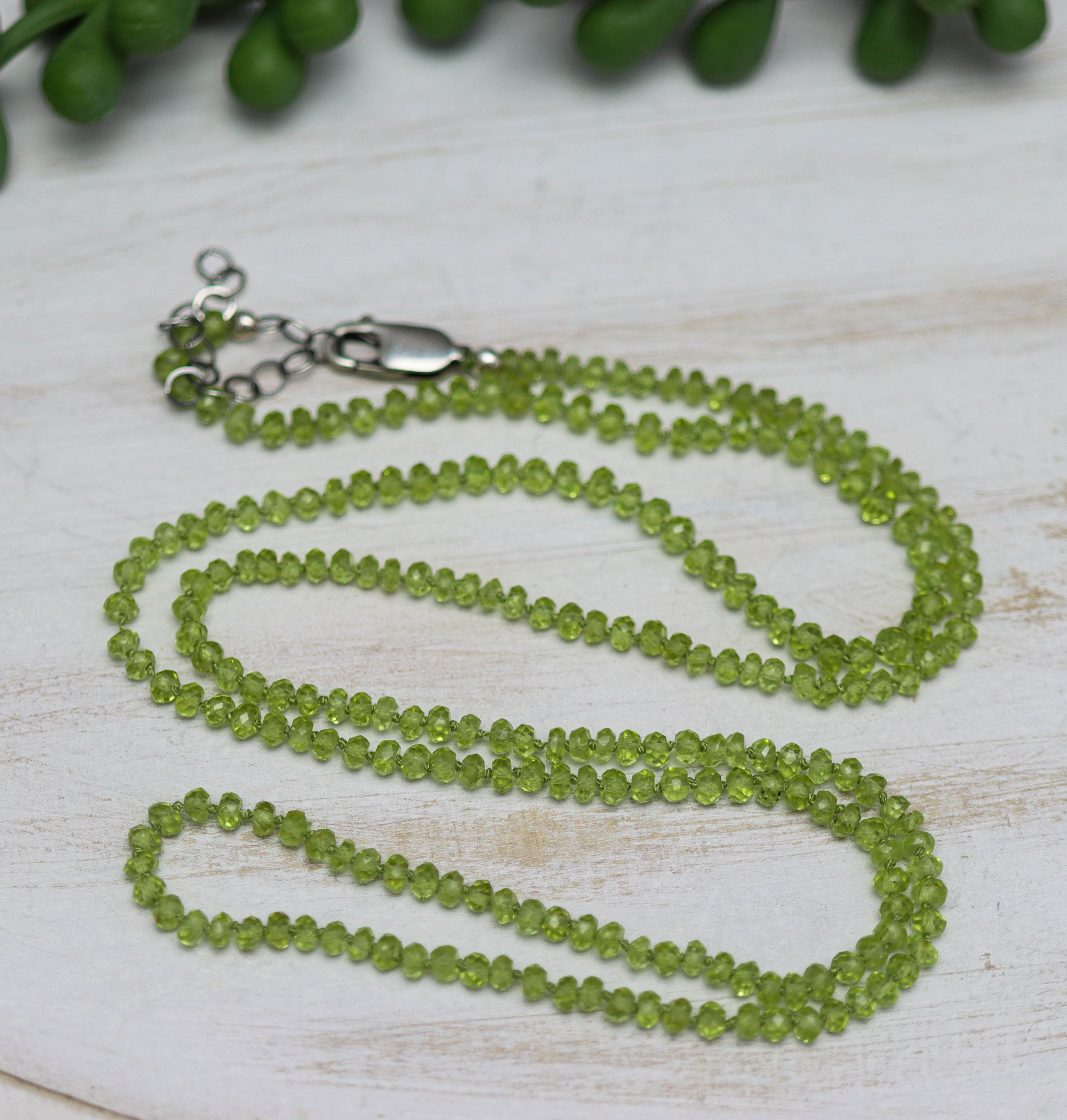 Green Peridot Hand Knotted Bead Necklace Sterling Silver