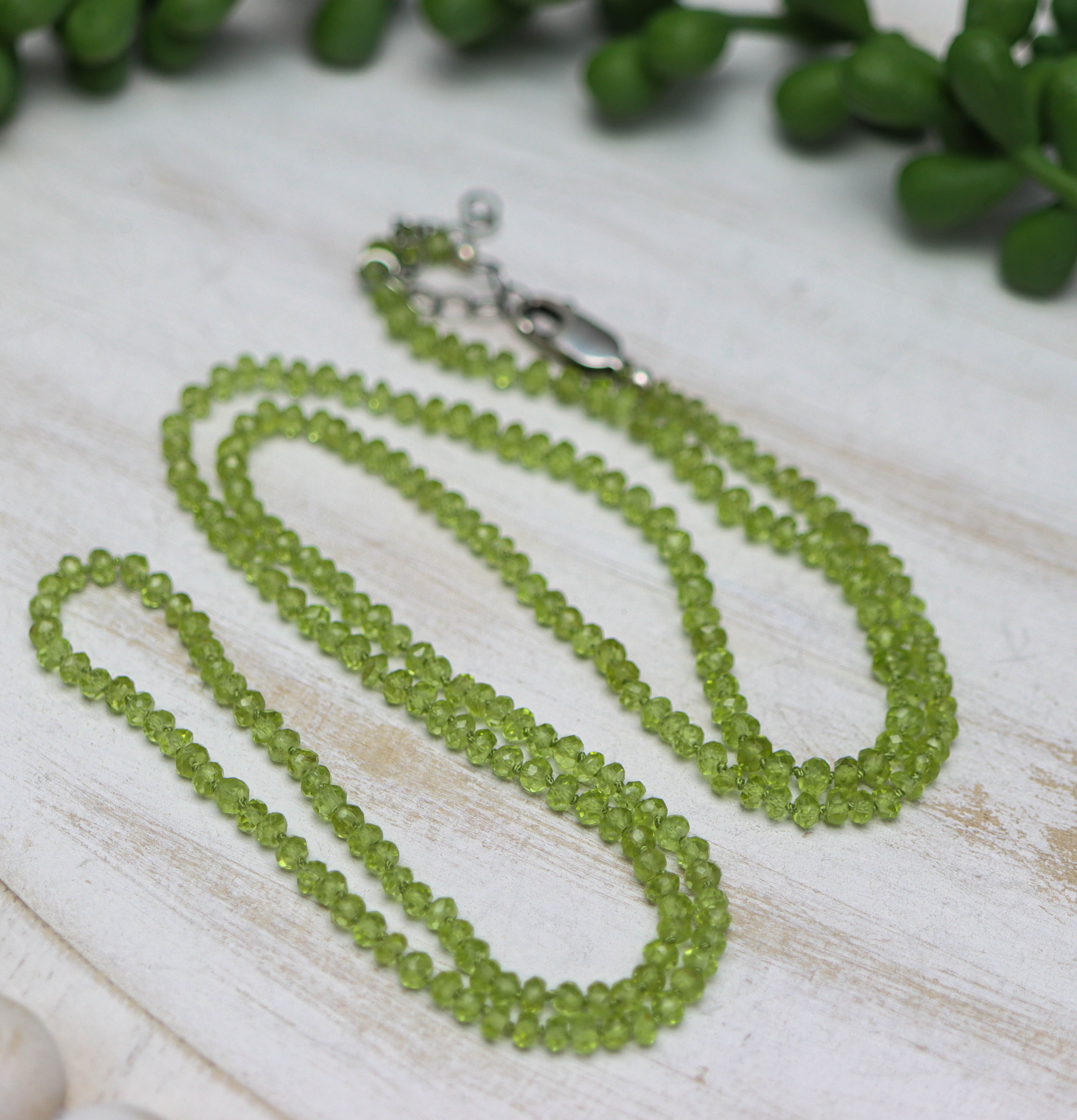 Green Peridot Hand Knotted Bead Necklace Sterling Silver