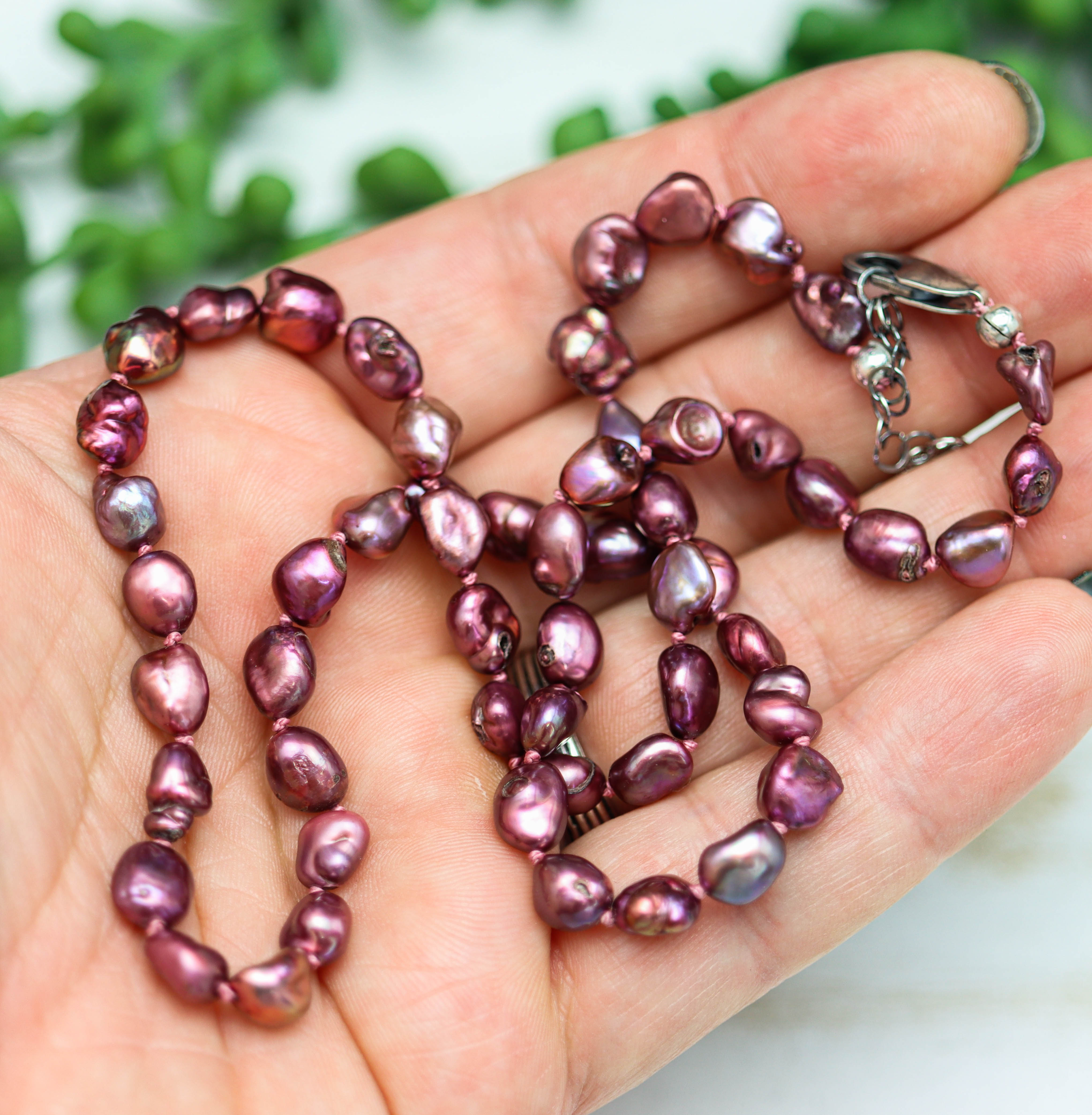 Mauve Pink Baroque Pearl Hand Knotted Bead Necklace Sterling Silver