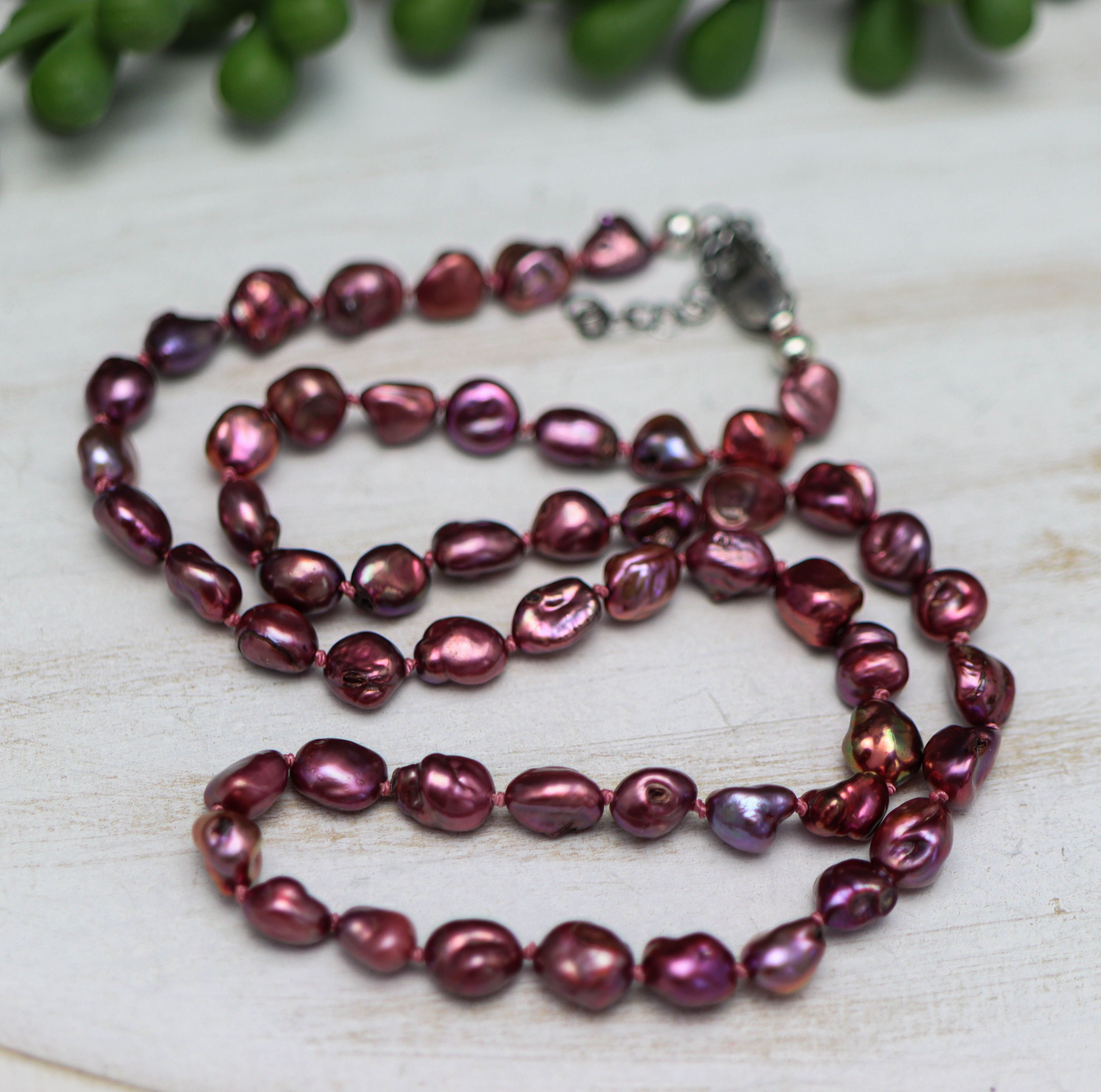 Mauve Pink Baroque Pearl Hand Knotted Bead Necklace Sterling Silver