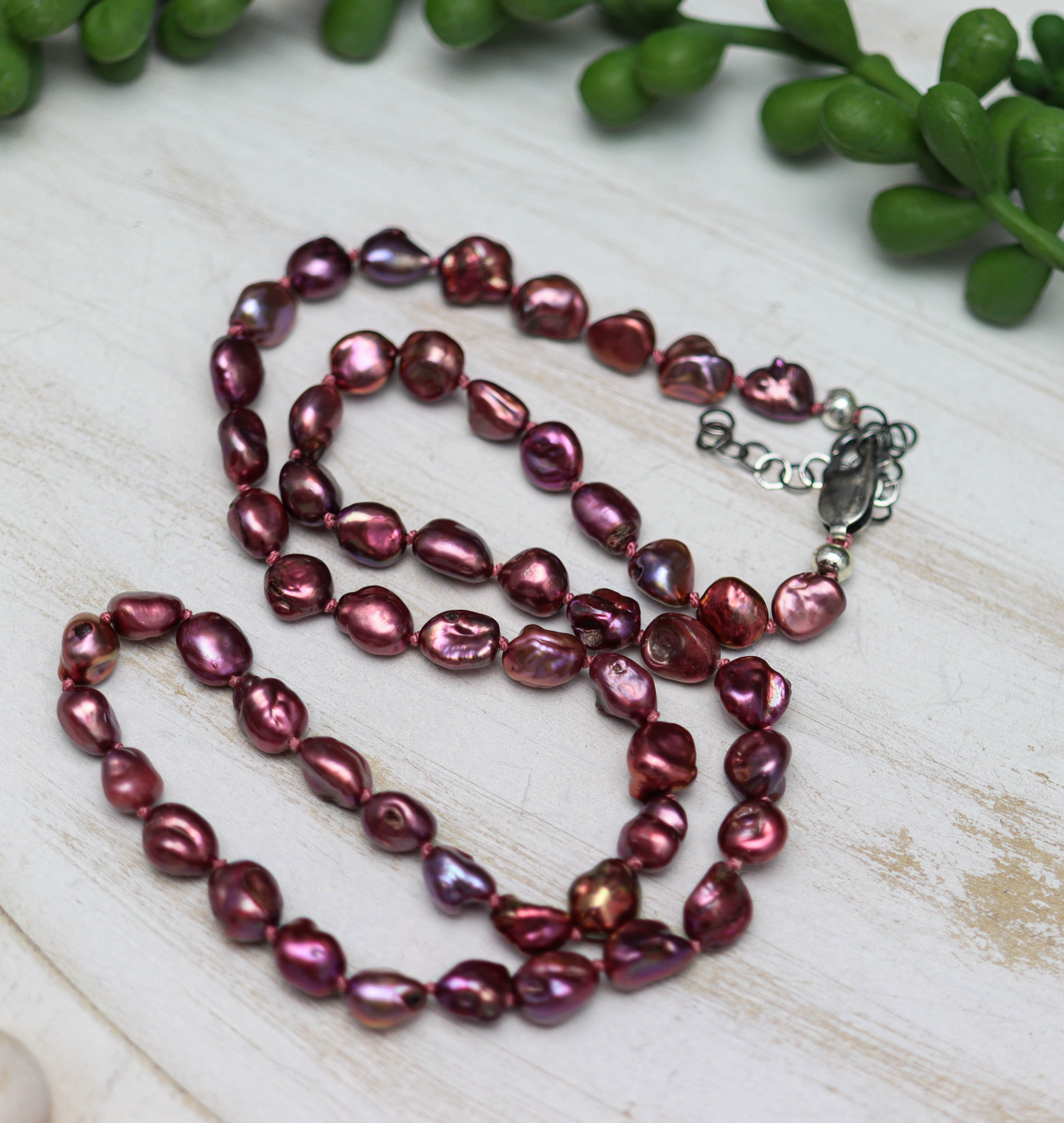 Mauve Pink Baroque Pearl Hand Knotted Bead Necklace Sterling Silver