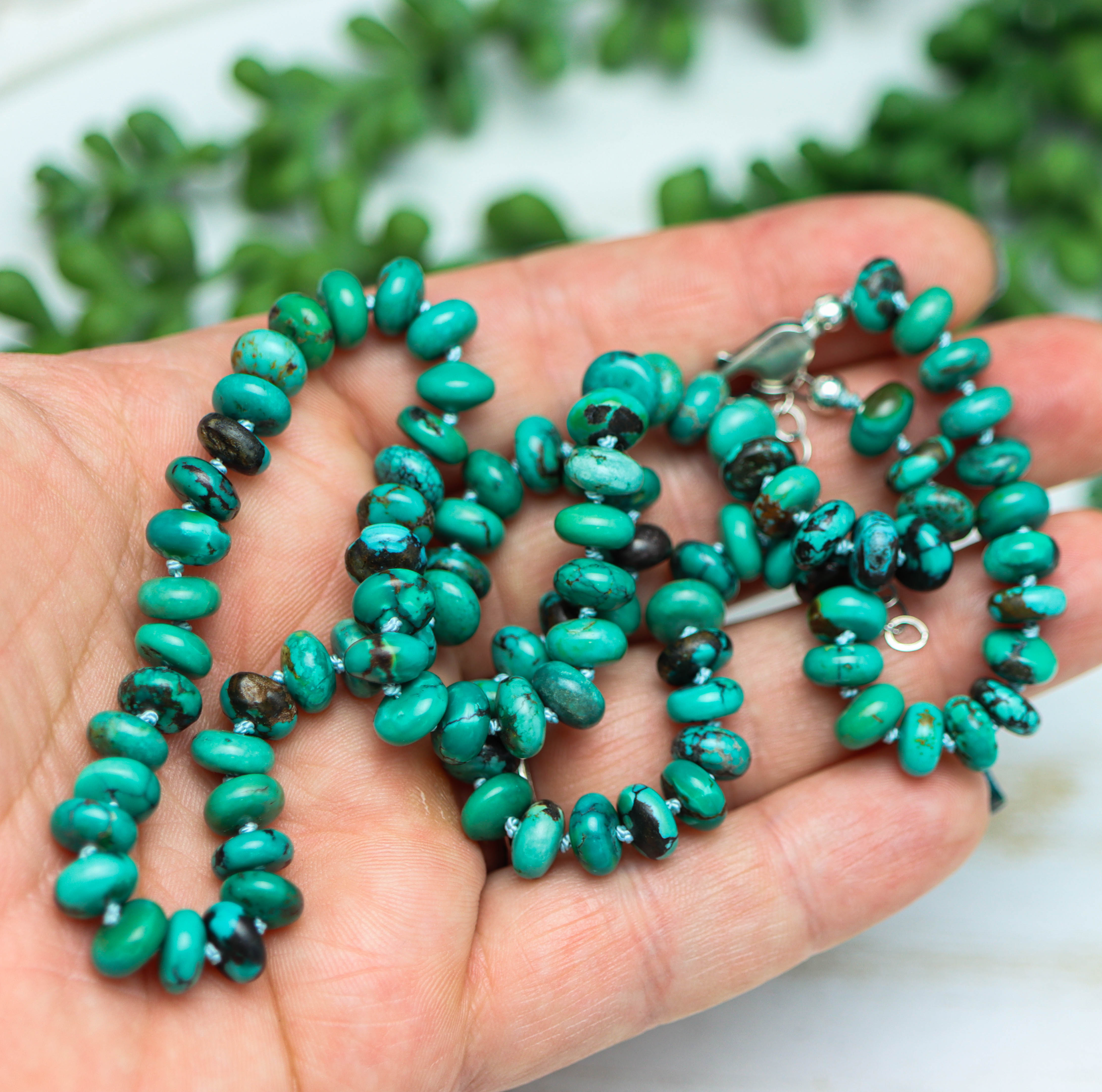 Turquoise Hand Knotted Bead Necklace Sterling Silver