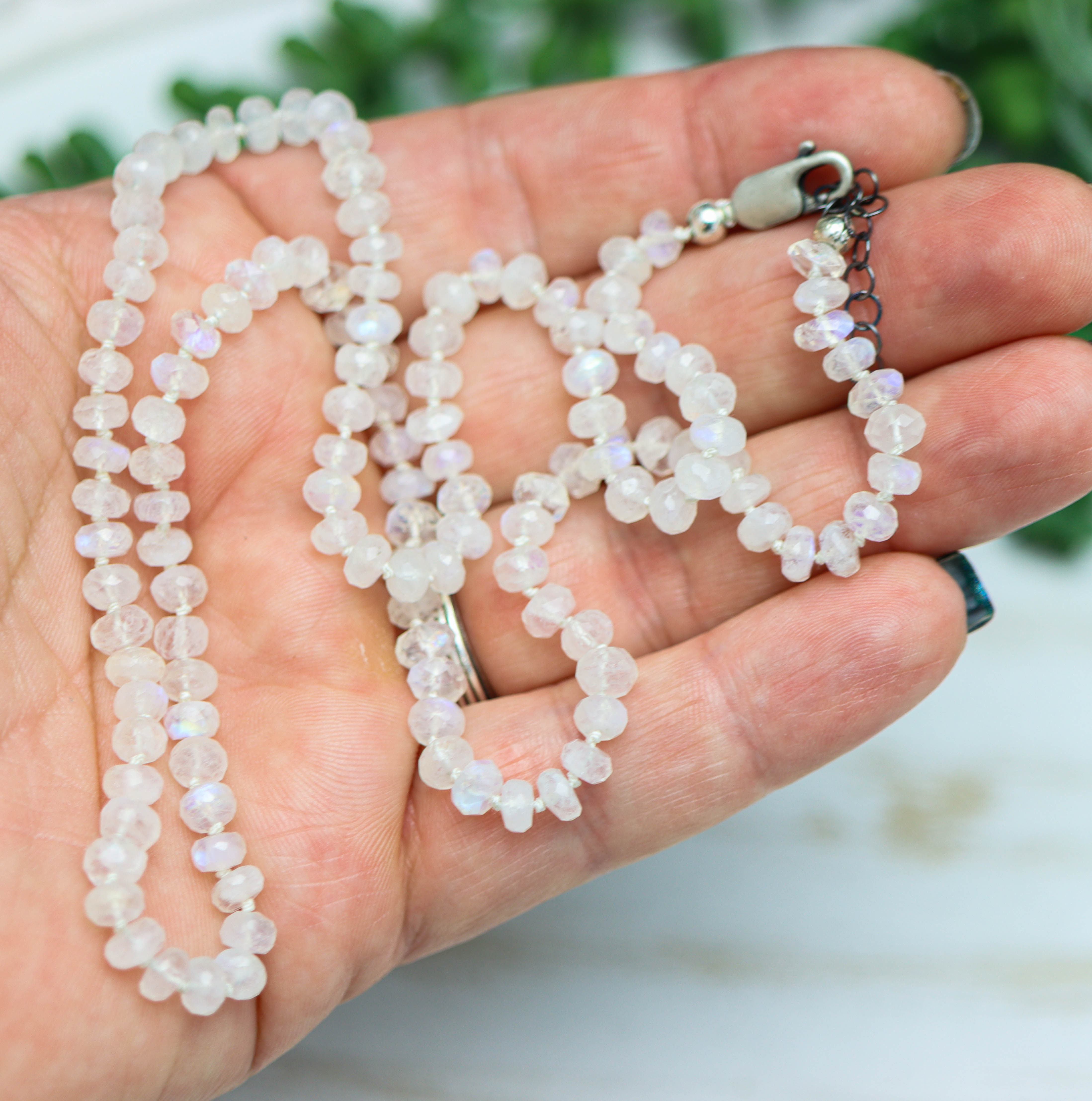 Rainbow Moonstone Hand Knotted Bead Necklace Sterling Silver