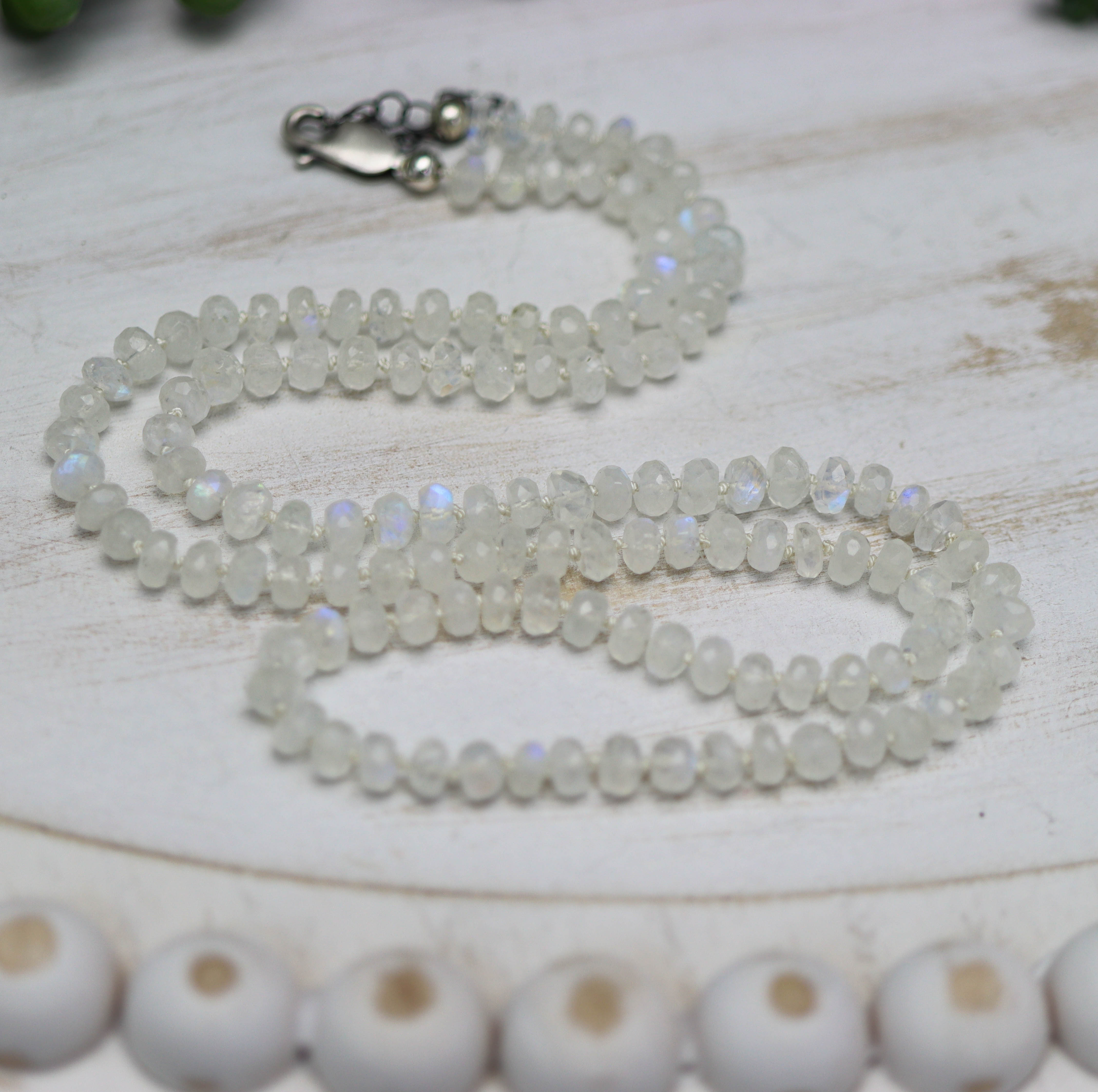 Rainbow Moonstone Hand Knotted Bead Necklace Sterling Silver