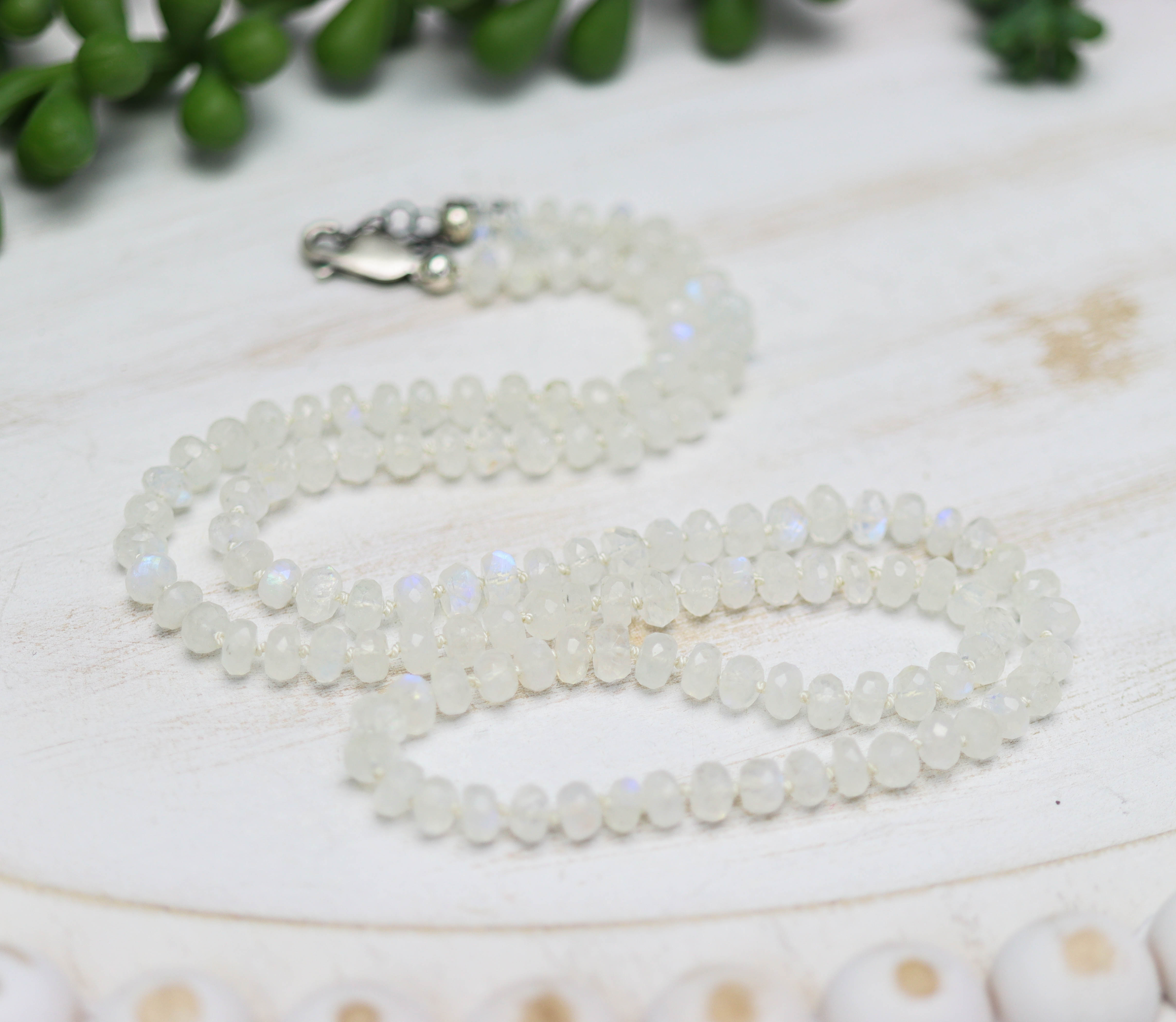 Rainbow Moonstone Hand Knotted Bead Necklace Sterling Silver