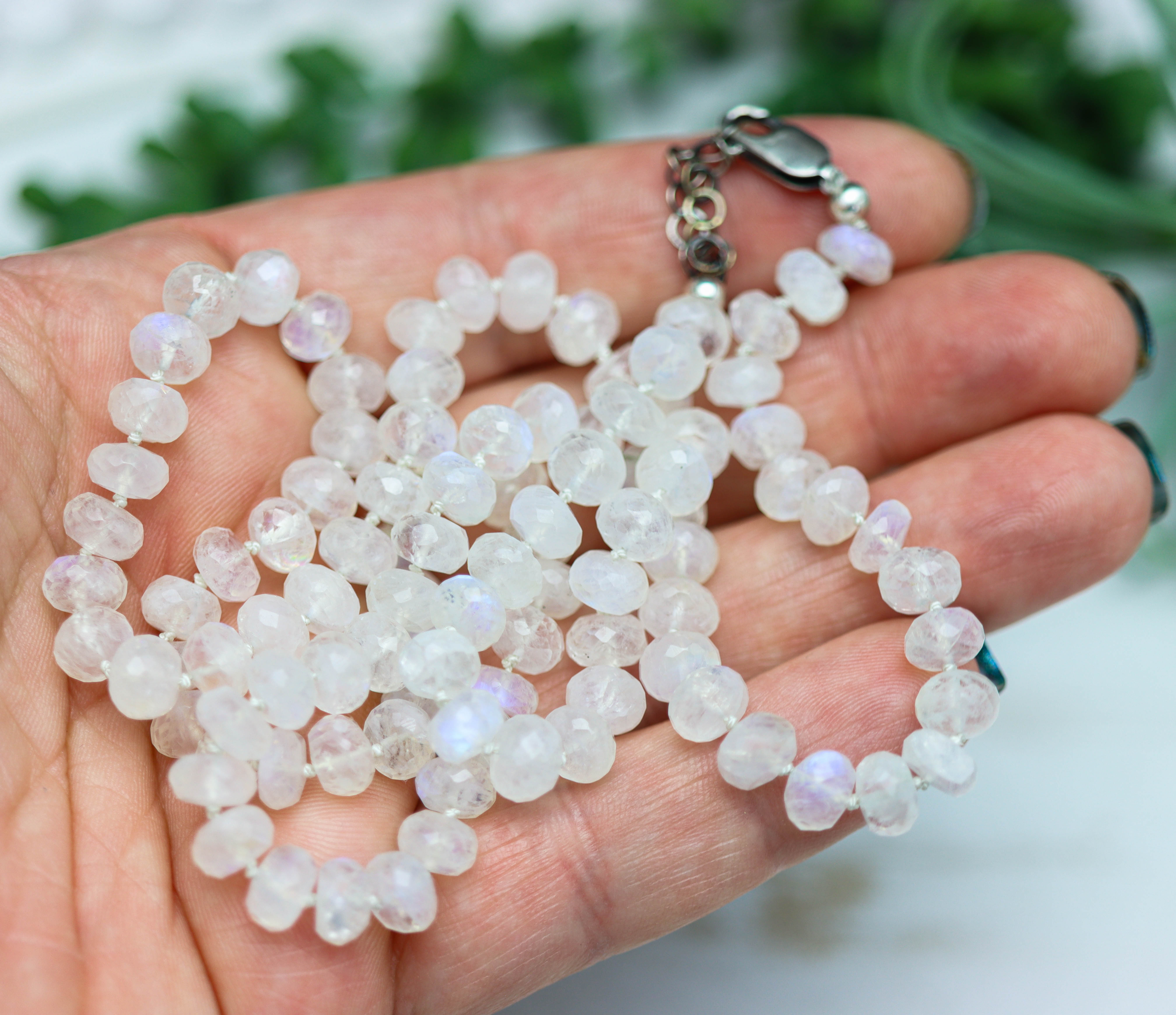 Rainbow Moonstone Hand Knotted Bead Necklace Sterling Silver