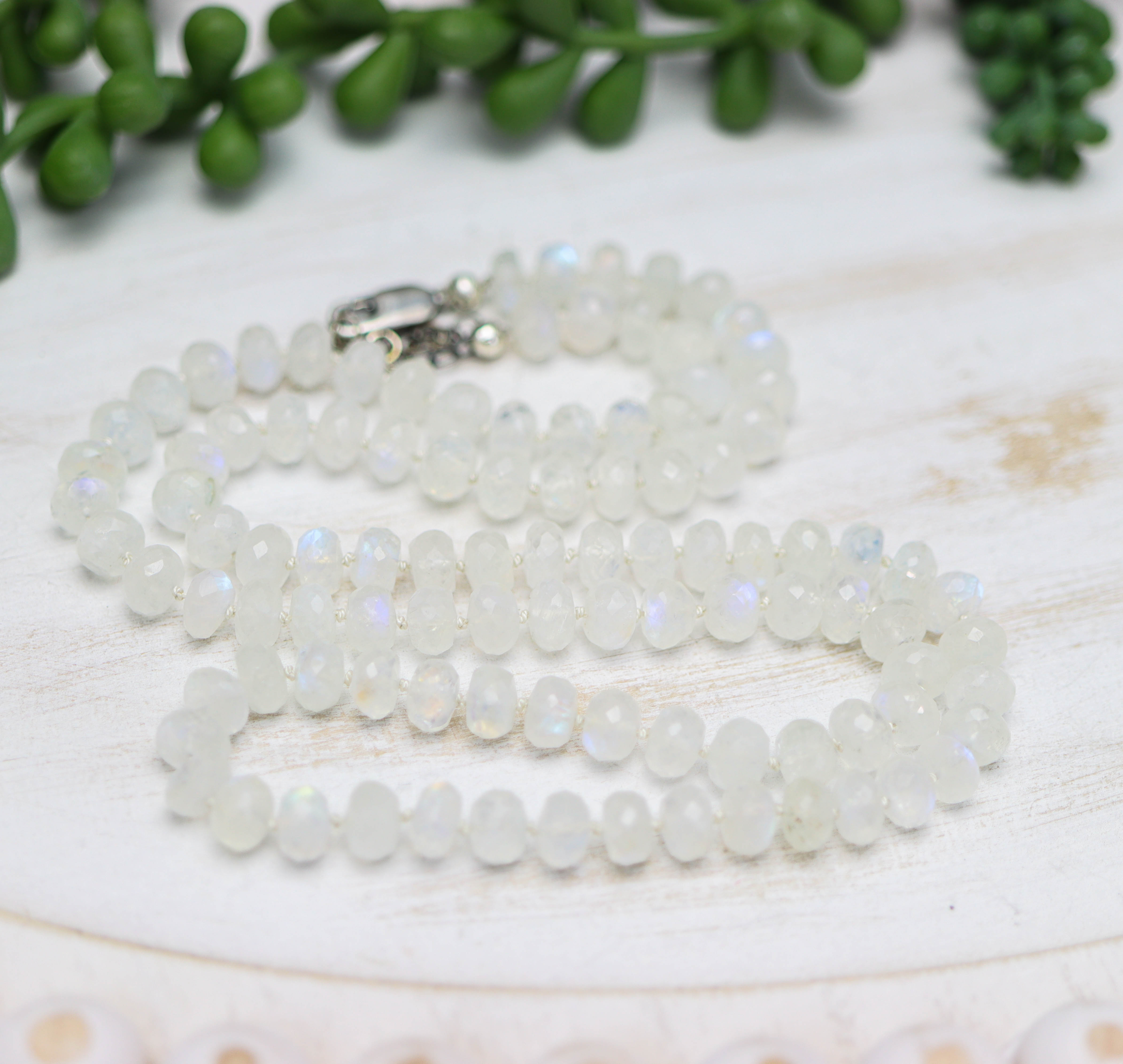 Rainbow Moonstone Hand Knotted Bead Necklace Sterling Silver