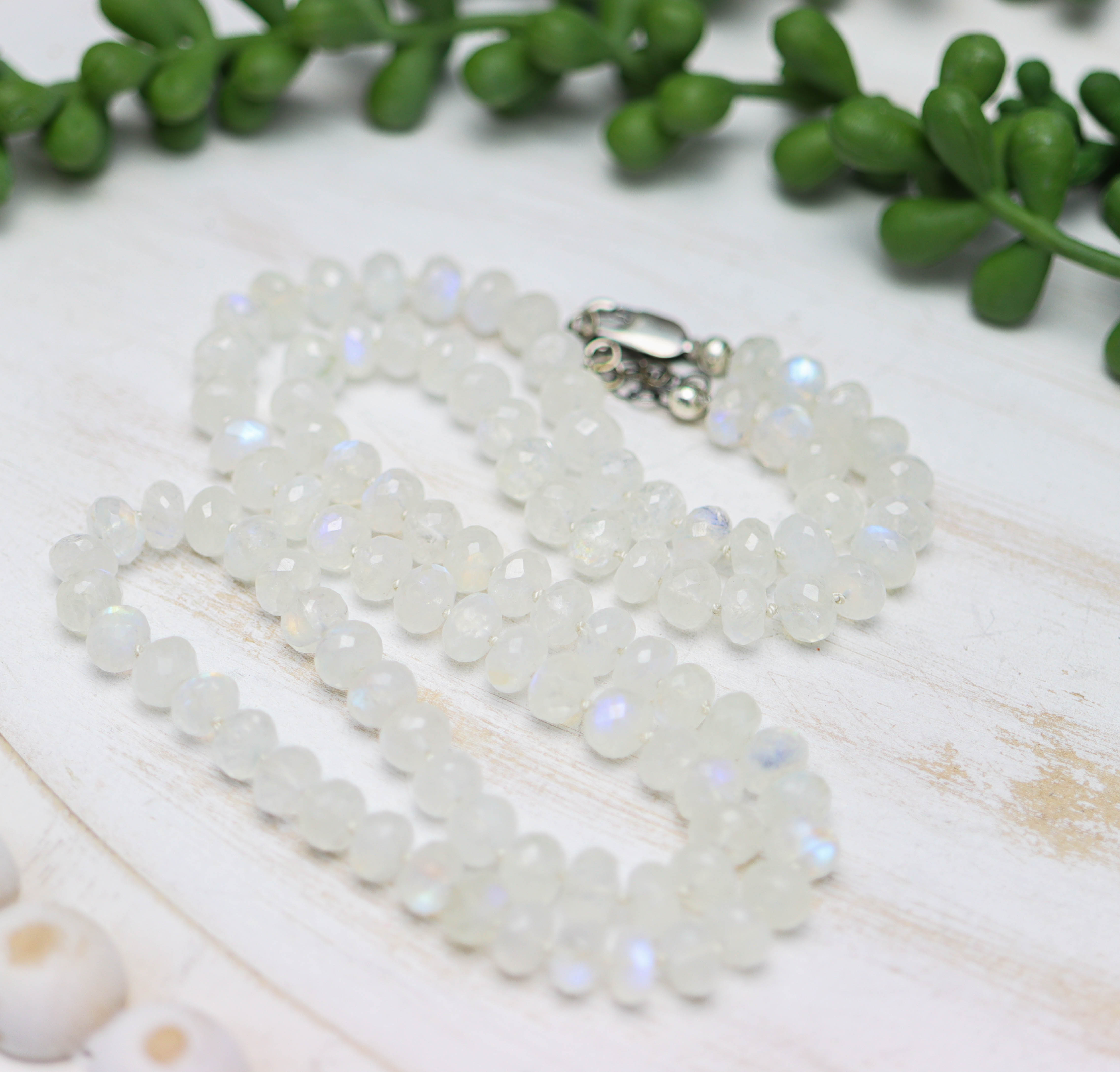 Rainbow Moonstone Hand Knotted Bead Necklace Sterling Silver