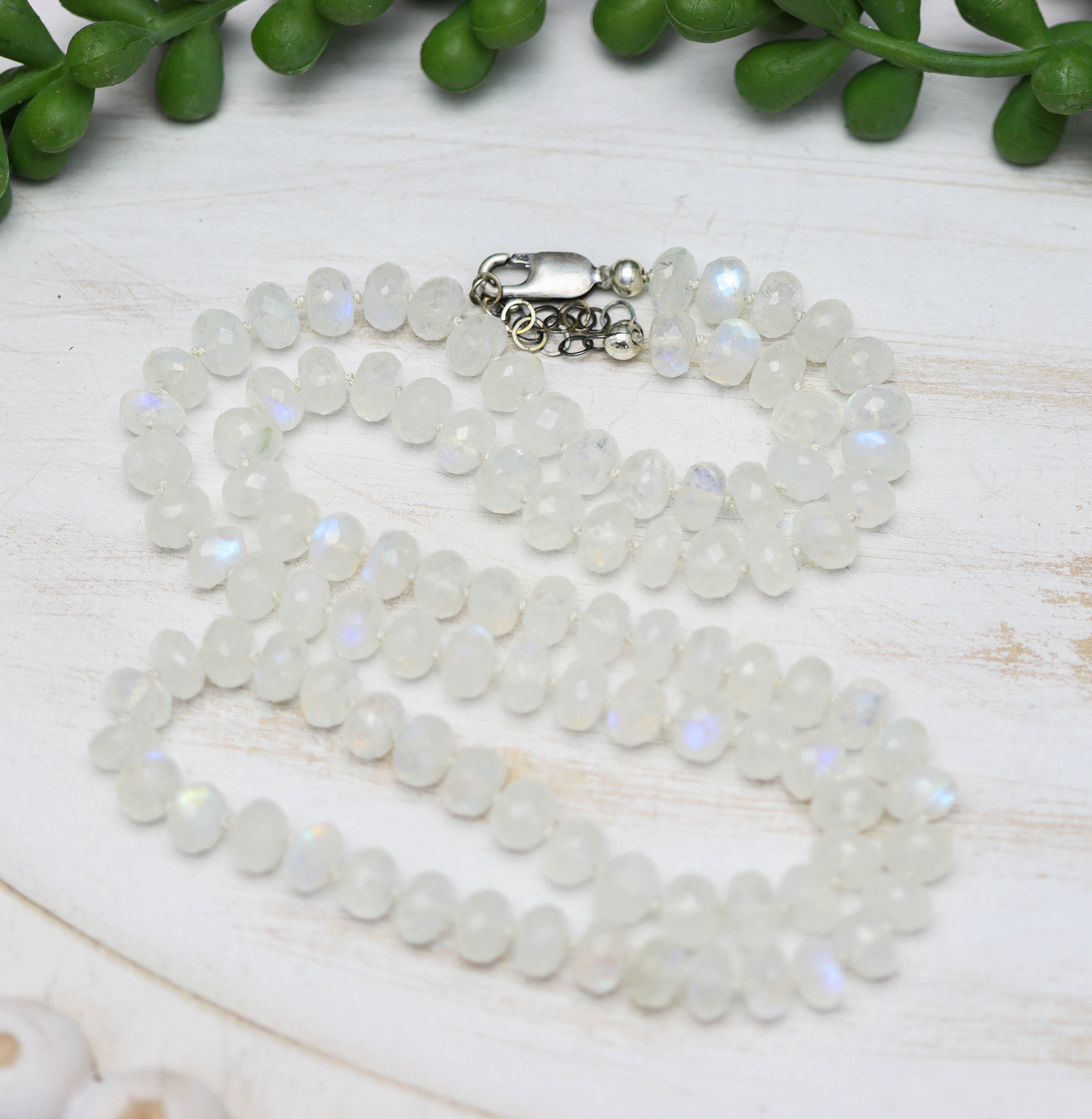 Rainbow Moonstone Hand Knotted Bead Necklace Sterling Silver