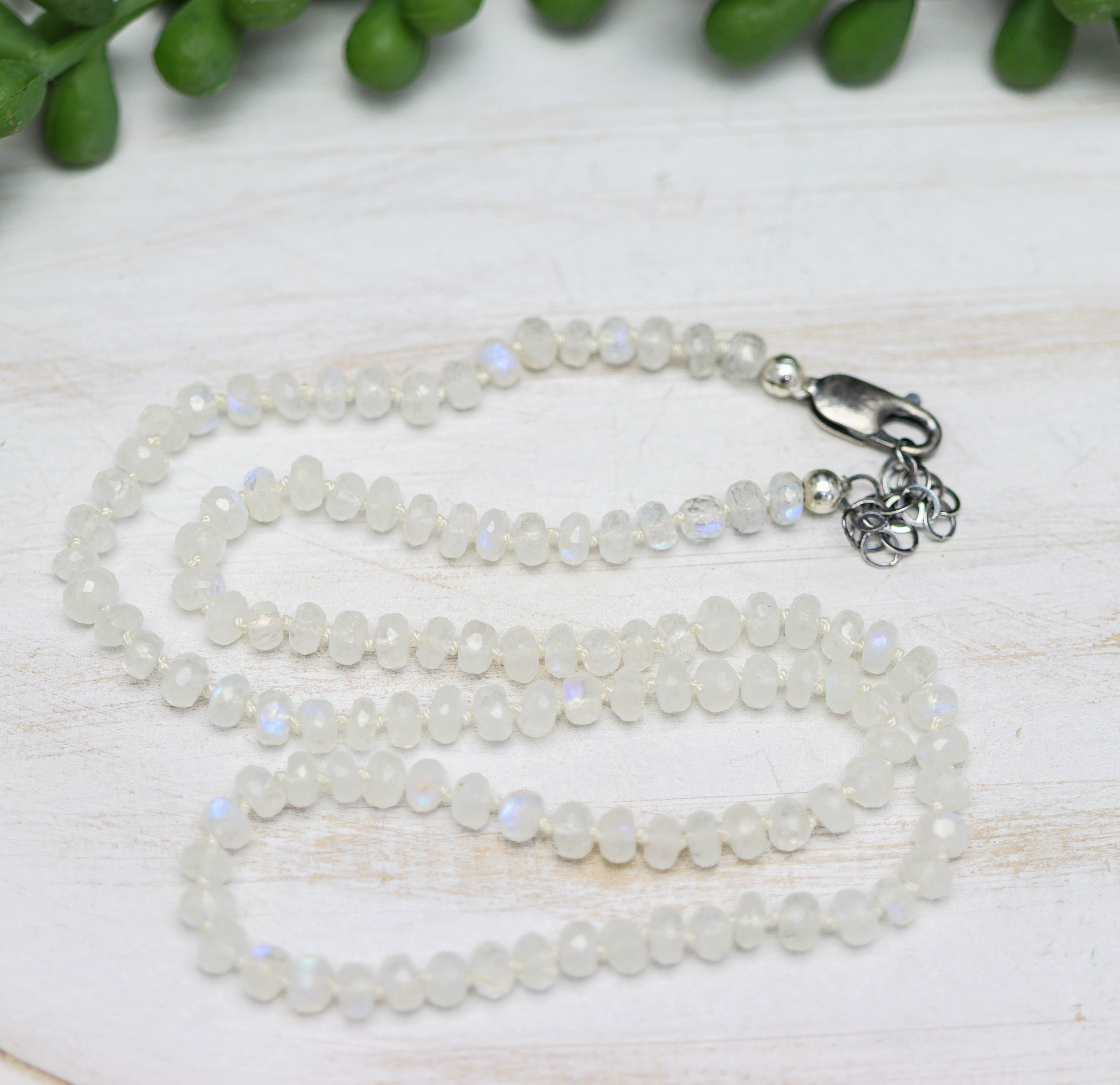 Rainbow Moonstone Hand Knotted Bead Necklace Sterling Silver 18 inch