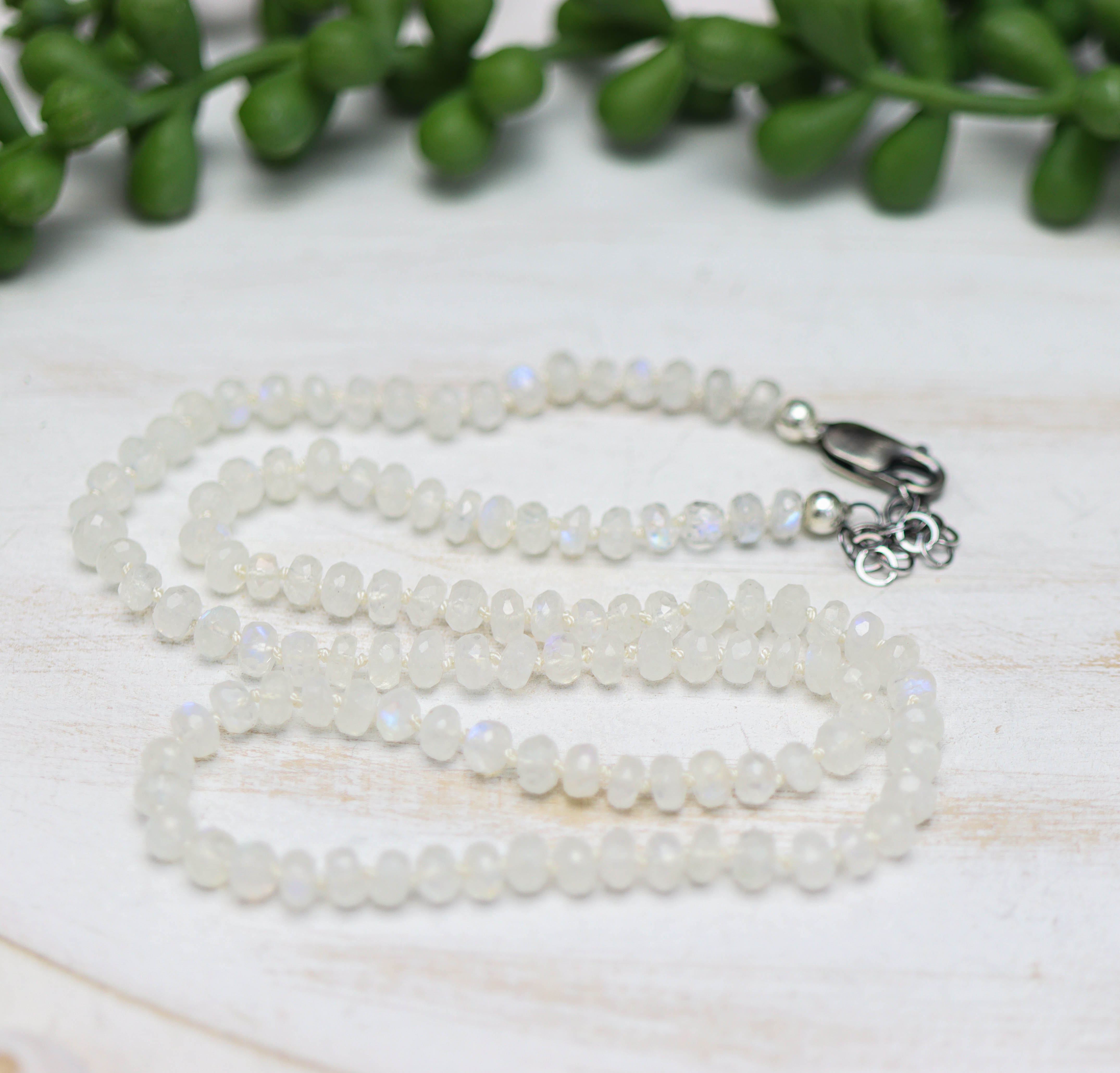 Rainbow Moonstone Hand Knotted Bead Necklace Sterling Silver 18 inch